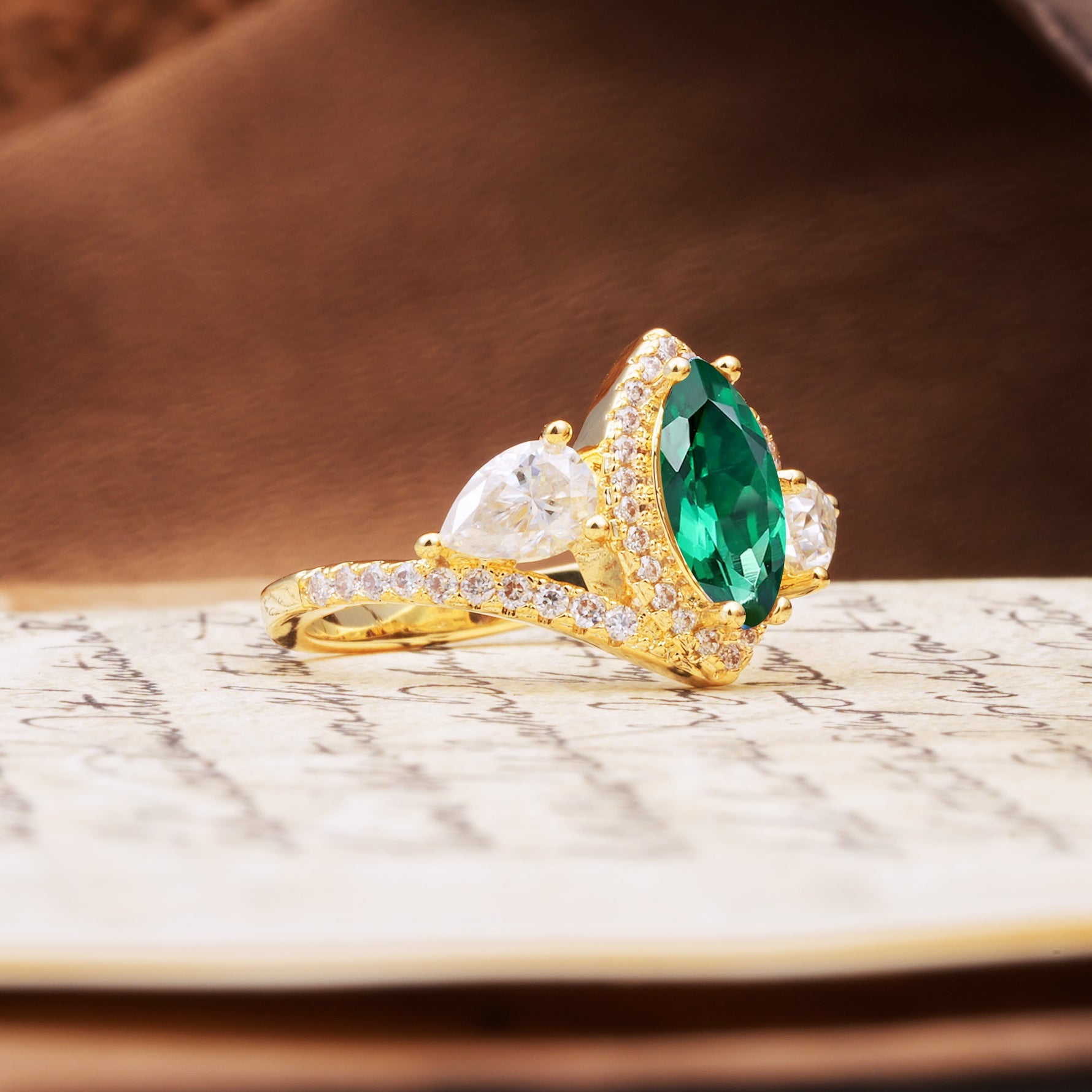 Classic Vintage Luxury 4-Prong Marquise Cut Emerald Engagement Ring - Additional view