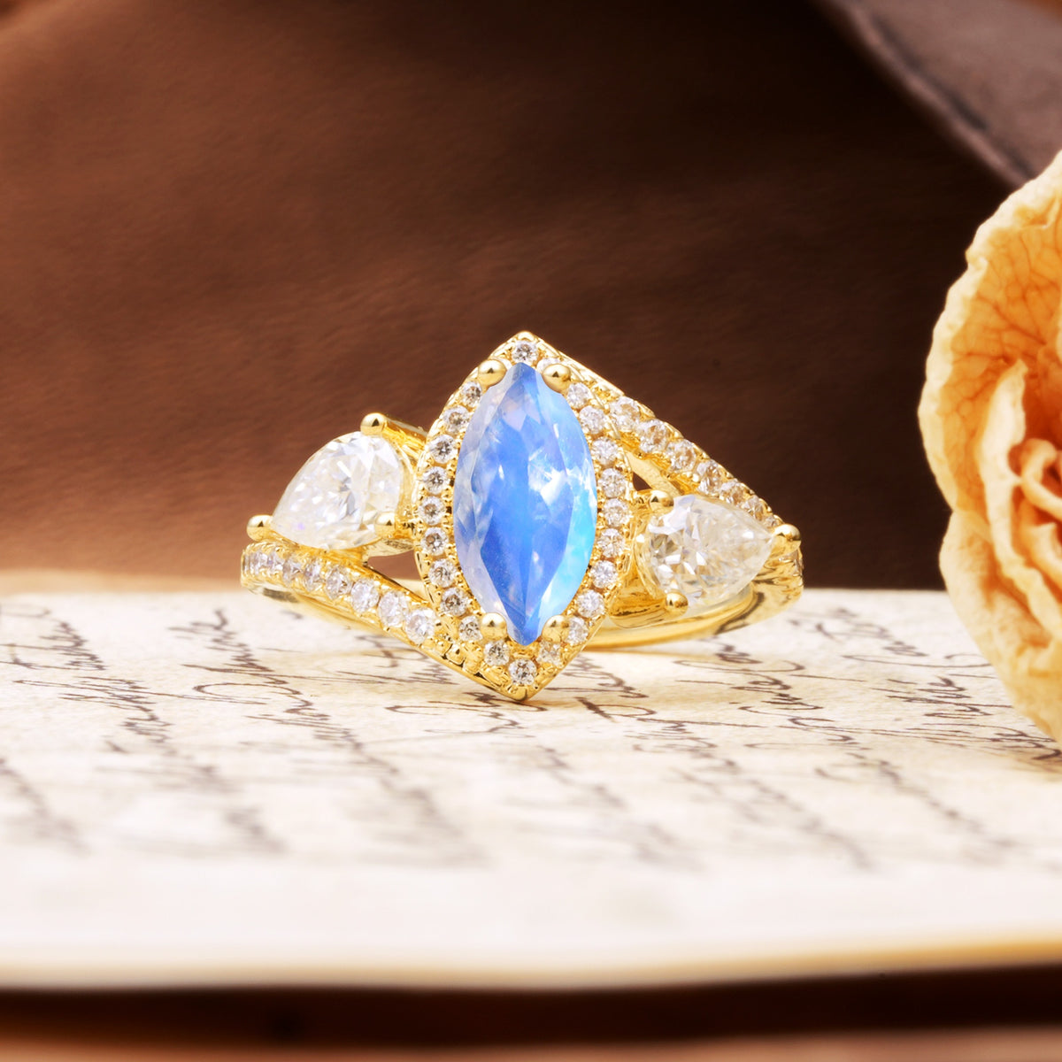 Classic Vintage Luxury 4-Prong Marquise Cut Moonstone Engagement Ring - Additional view