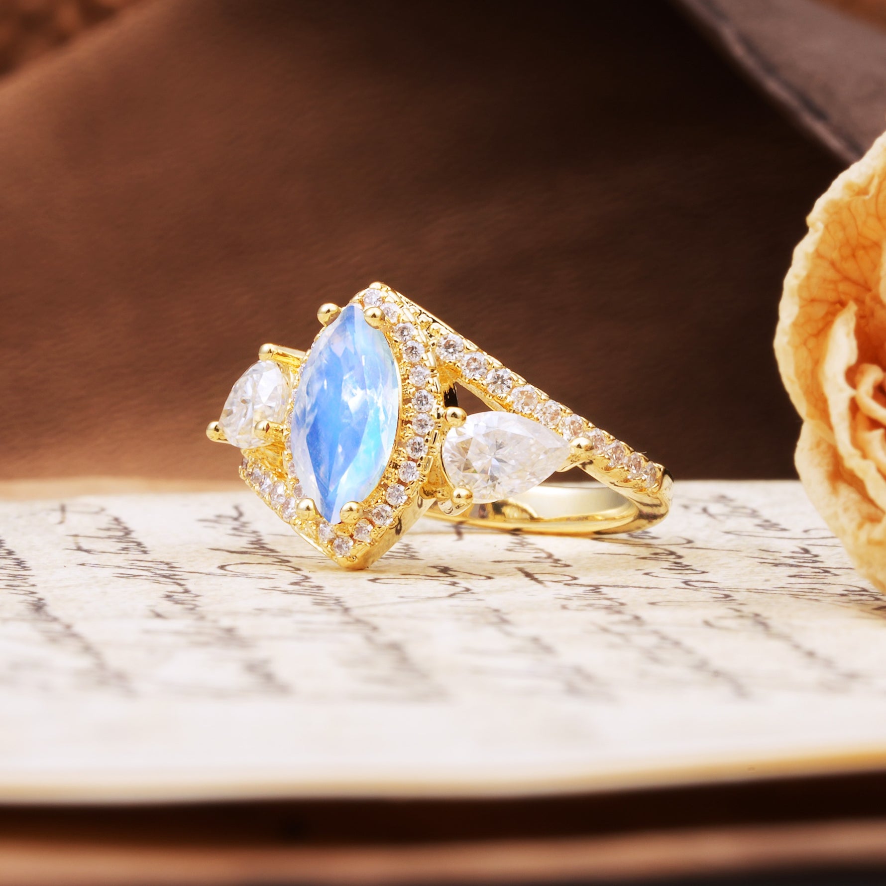 Classic Vintage Luxury 4-Prong Marquise Cut Moonstone Engagement Ring - Additional view