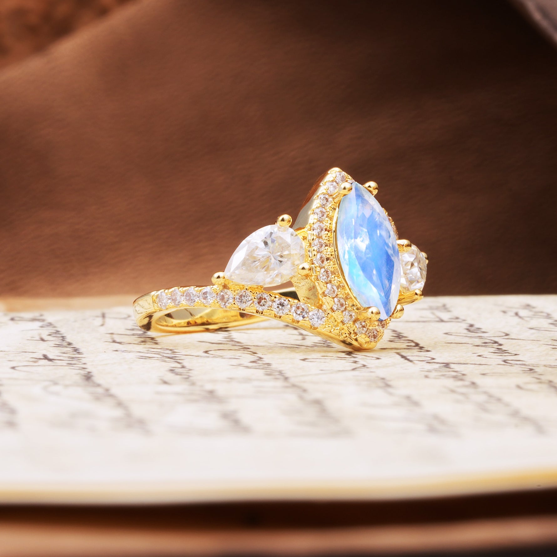 Classic Vintage Luxury 4-Prong Marquise Cut Moonstone Engagement Ring - Additional view