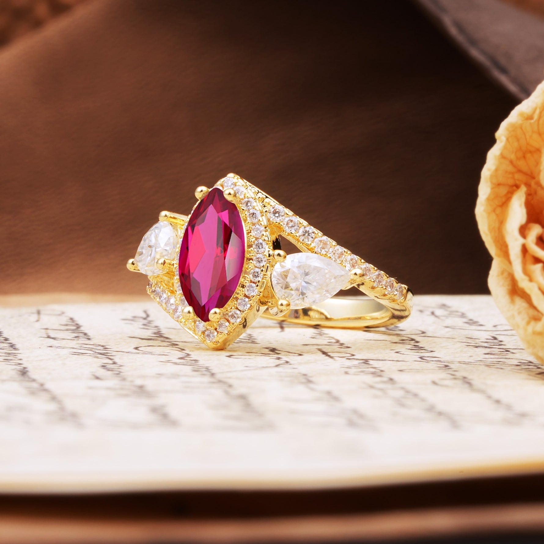 Classic Vintage Luxury 4-Prong Marquise Cut Ruby Engagement Ring - Additional view