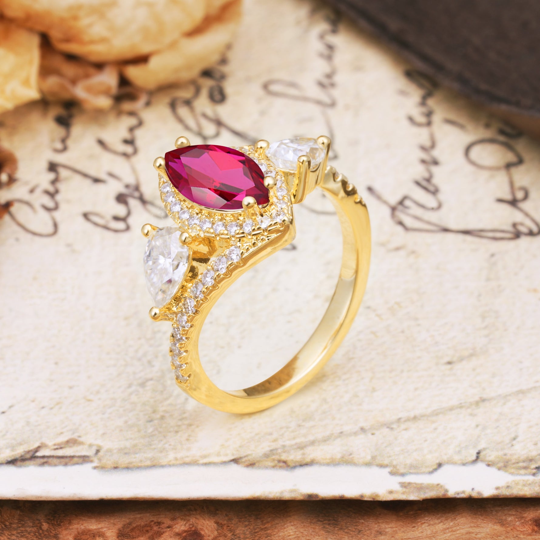 Classic Vintage Luxury 4-Prong Marquise Cut Ruby Engagement Ring - Additional view