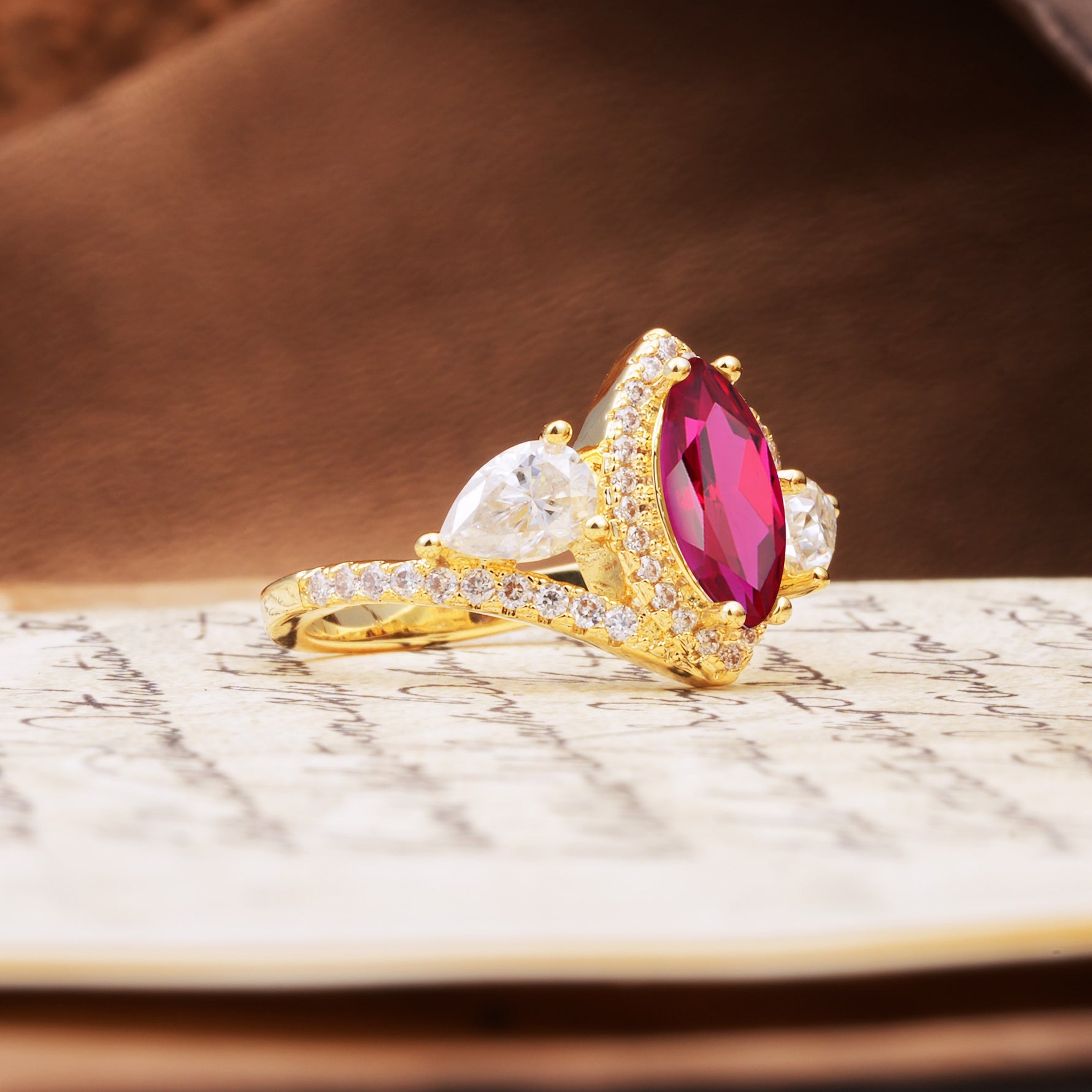 Classic Vintage Luxury 4-Prong Marquise Cut Ruby Engagement Ring - Additional view
