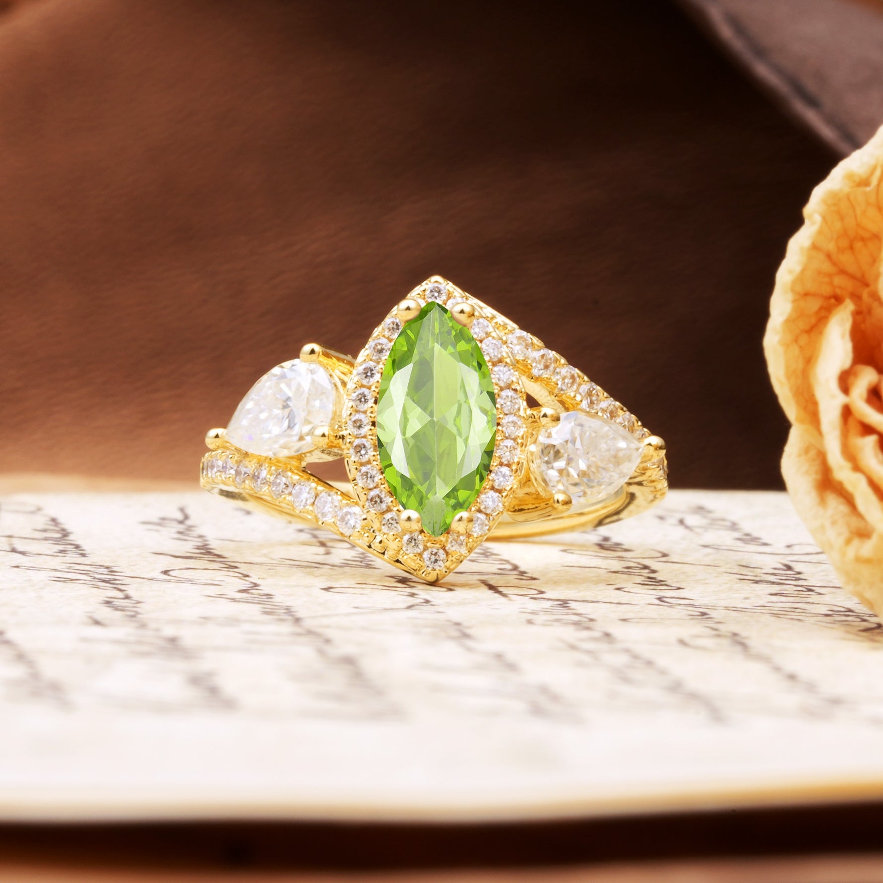 Classic Vintage Luxury 4-Prong Marquise Cut Peridot Engagement Ring - Additional view