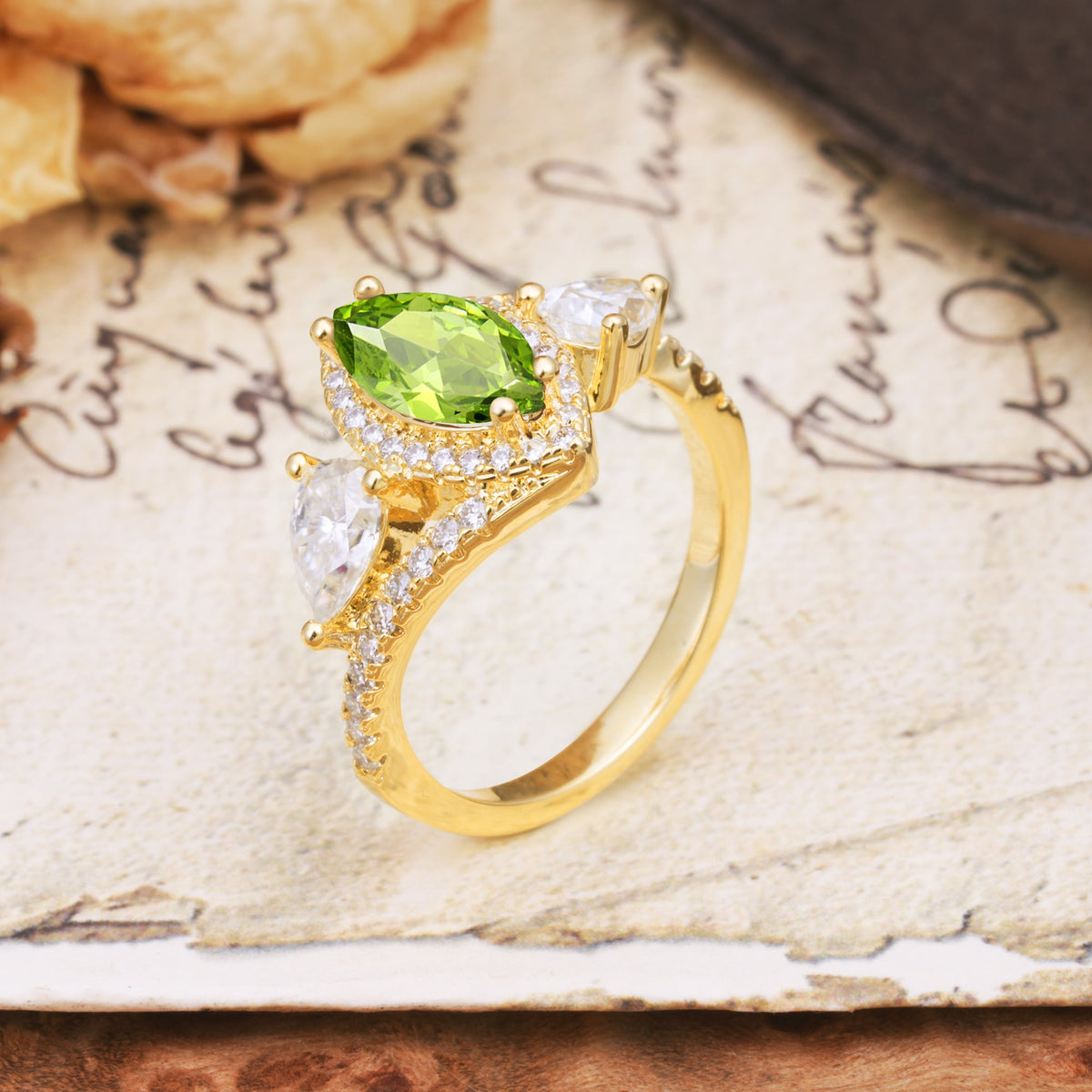 Classic Vintage Luxury 4-Prong Marquise Cut Peridot Engagement Ring - Additional view
