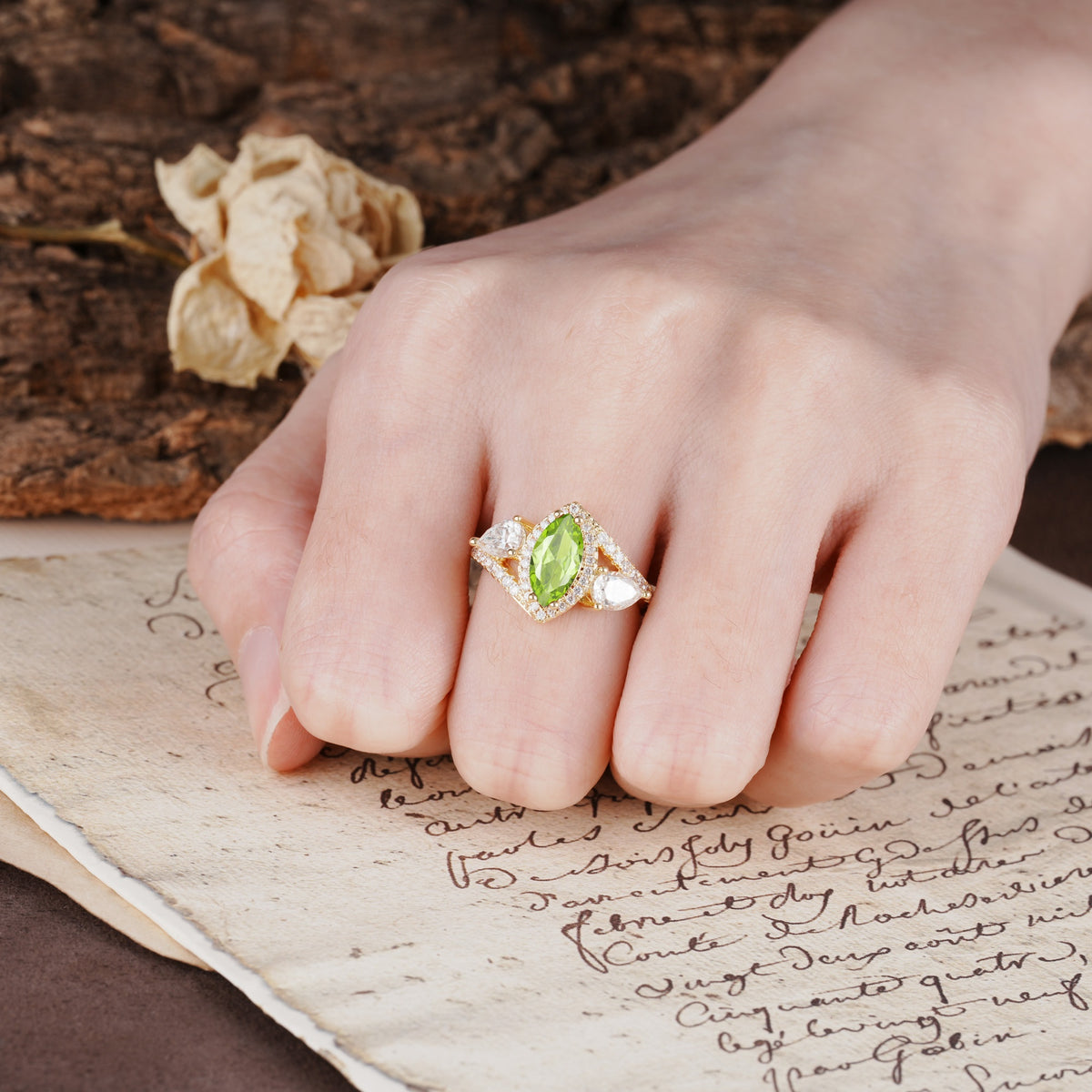Classic Vintage Luxury 4-Prong Marquise Cut Peridot Engagement Ring - Additional view