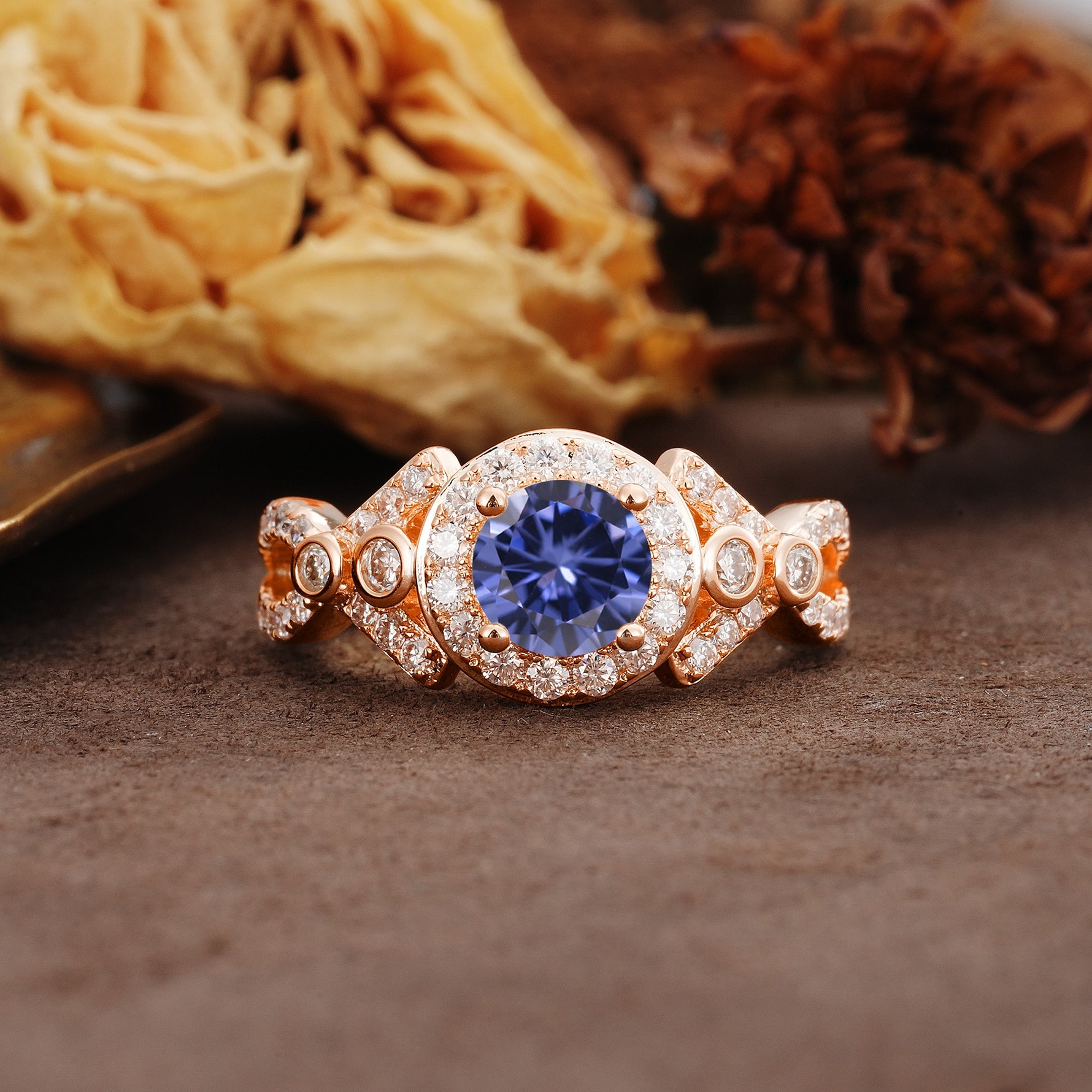 Unique, Luxurious, and Vintage 4-Prong Round Cut Tanzanite Engagement Ring - Additional view