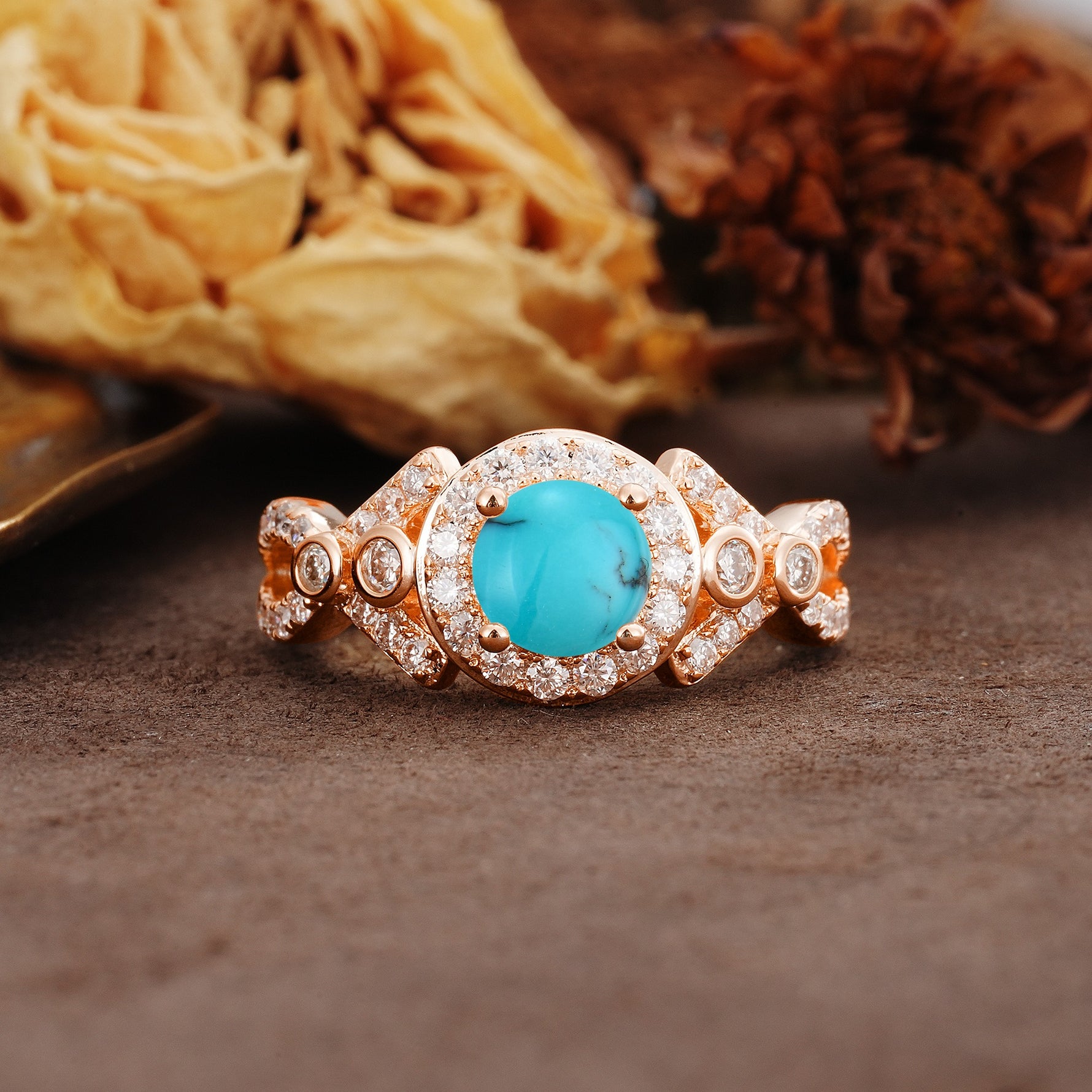 Unique, Luxurious, and Vintage 4-Prong Round Cut Turquoise Engagement Ring - Additional view