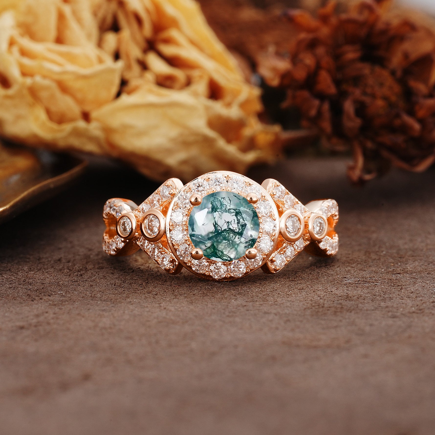 Unique, Luxurious, and Vintage 4-Prong Round Cut Moss Agate Engagement Ring - Additional view