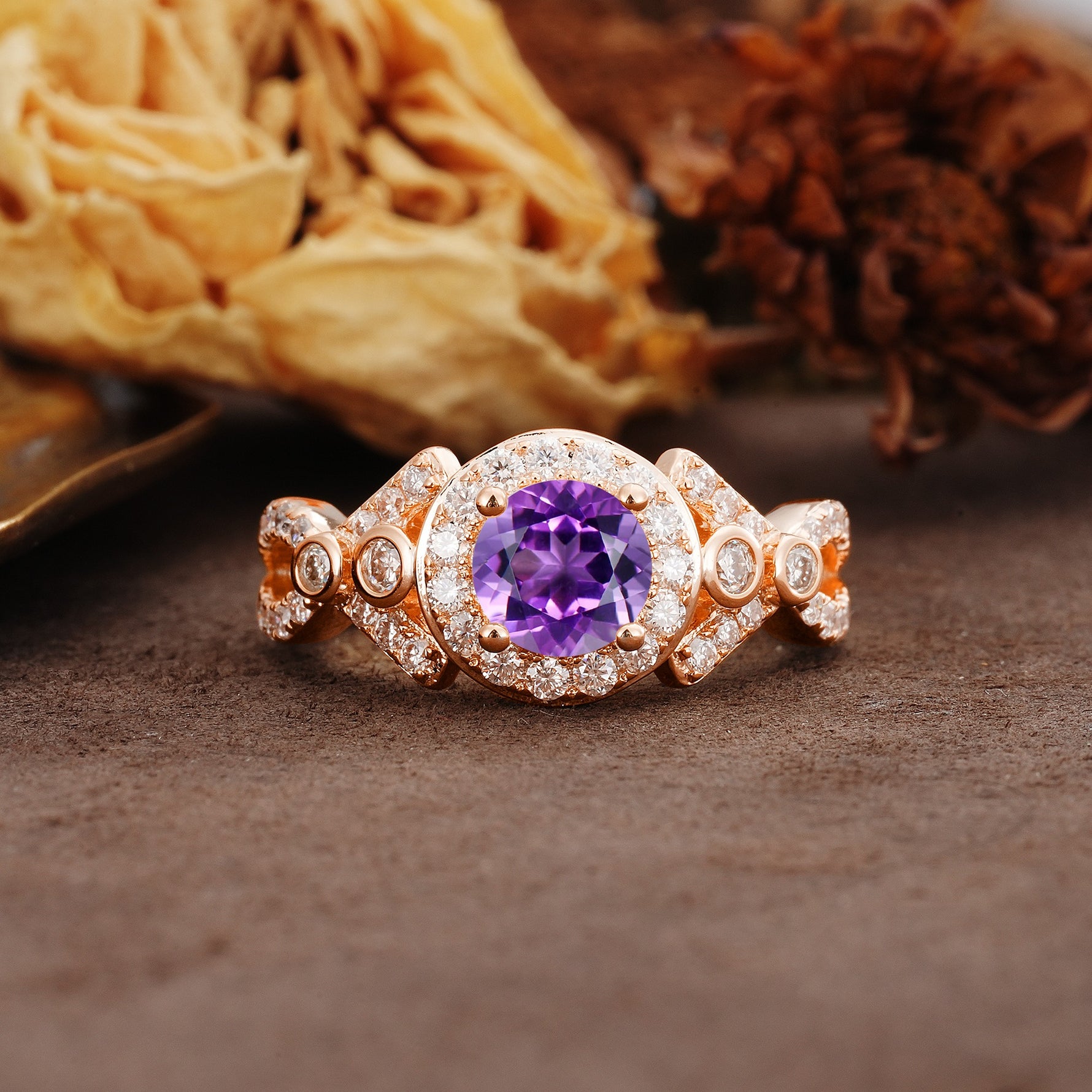 Unique, Luxurious, and Vintage 4-Prong Round Cut Amethyst Engagement Ring - Additional view