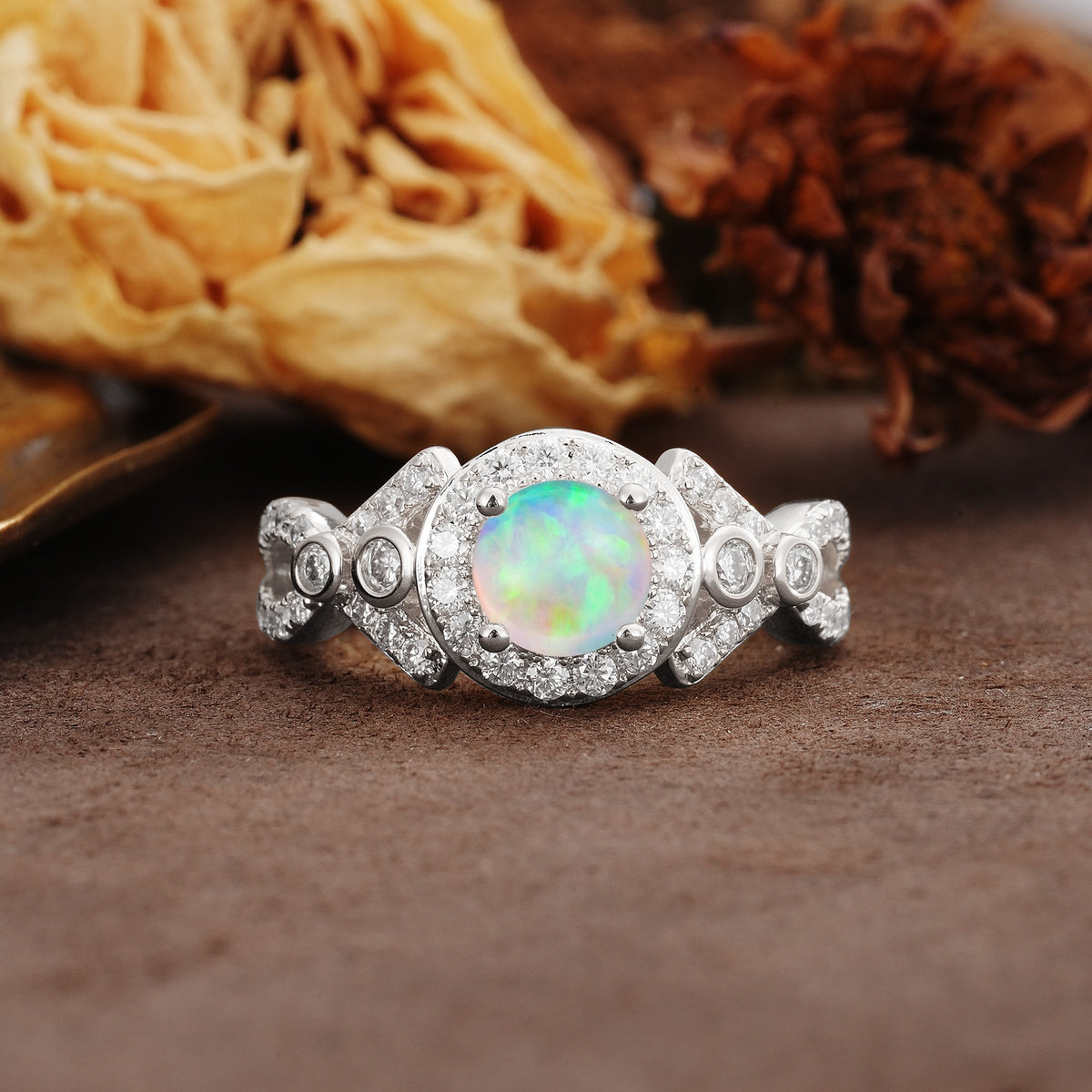 Unique, Luxurious, and Vintage 4-Prong Round Cut Fire Opal Engagement Ring - Additional view