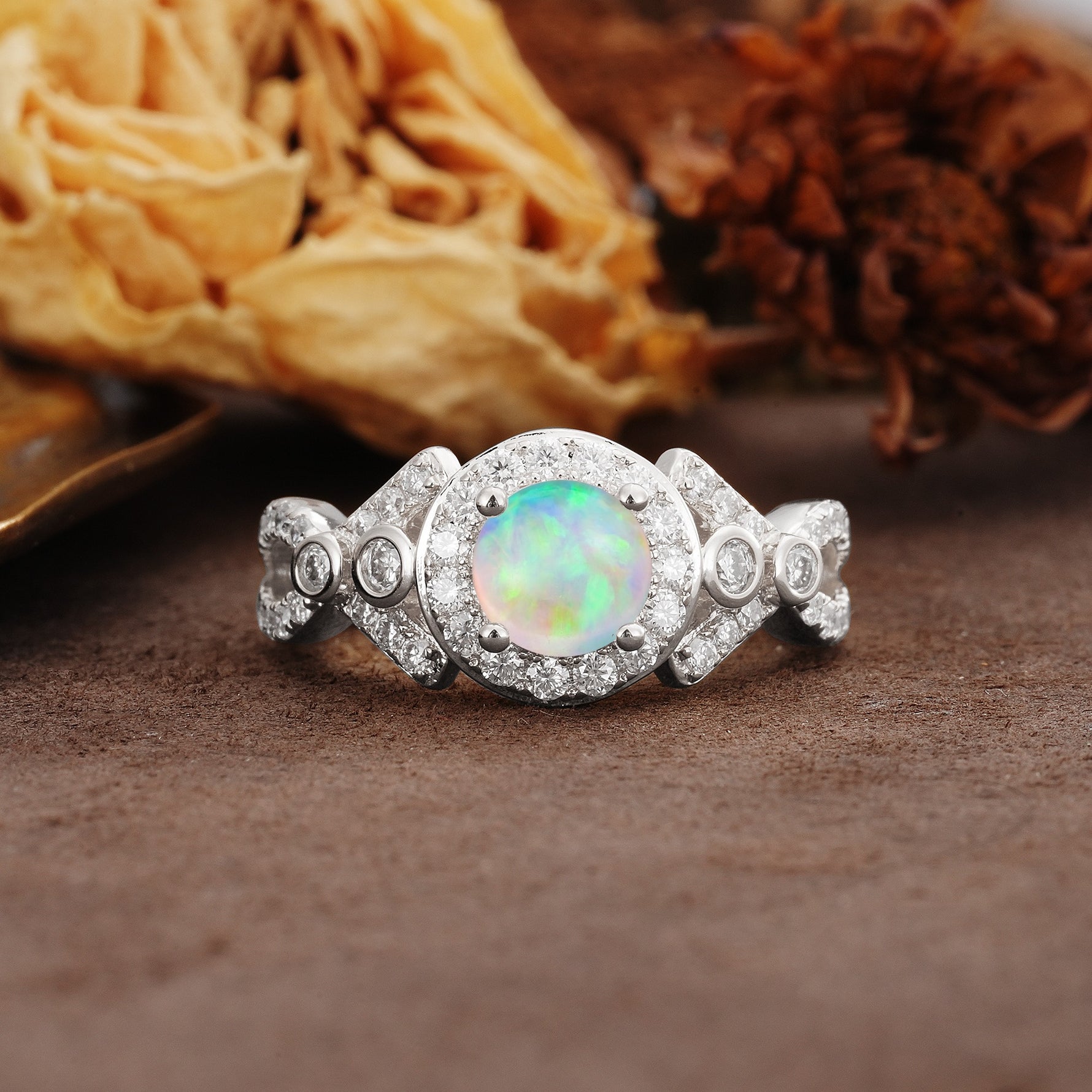 Unique, Luxurious, and Vintage 4-Prong Round Cut Fire Opal Engagement Ring - Additional view