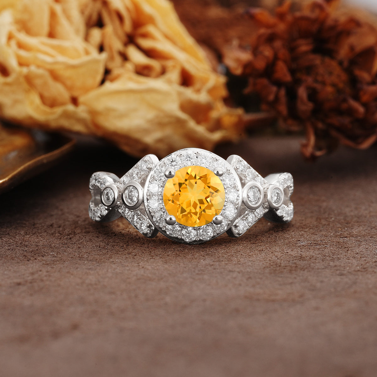 Unique, Luxurious, and Vintage 4-Prong Round Cut Citrine Engagement Ring - Additional view
