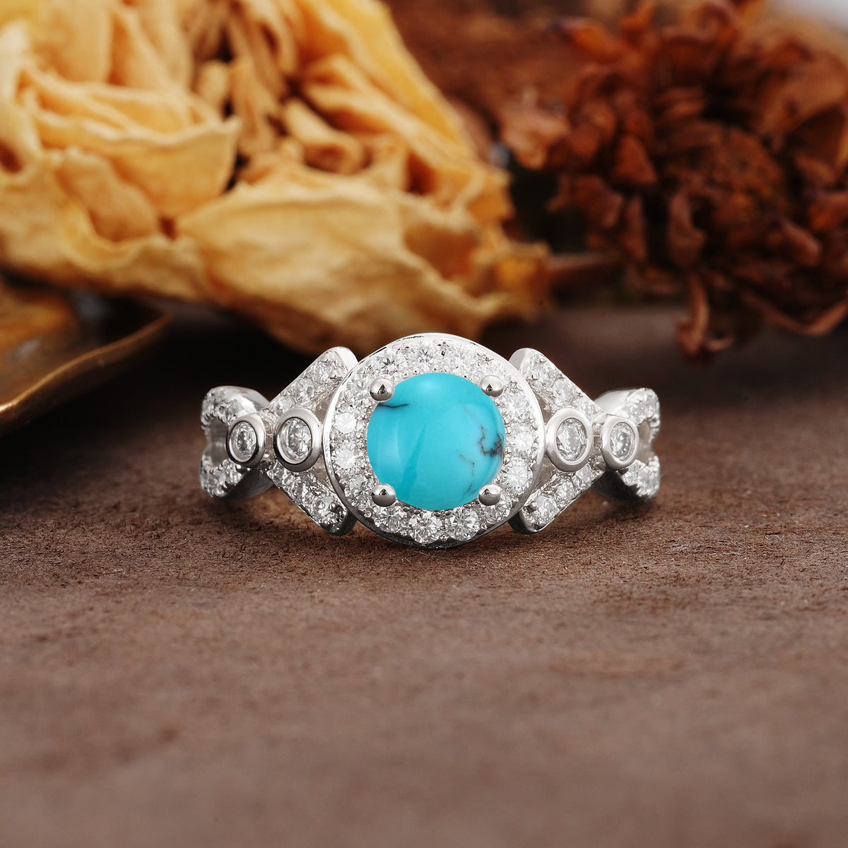 Unique, Luxurious, and Vintage 4-Prong Round Cut Turquoise Engagement Ring - Additional view