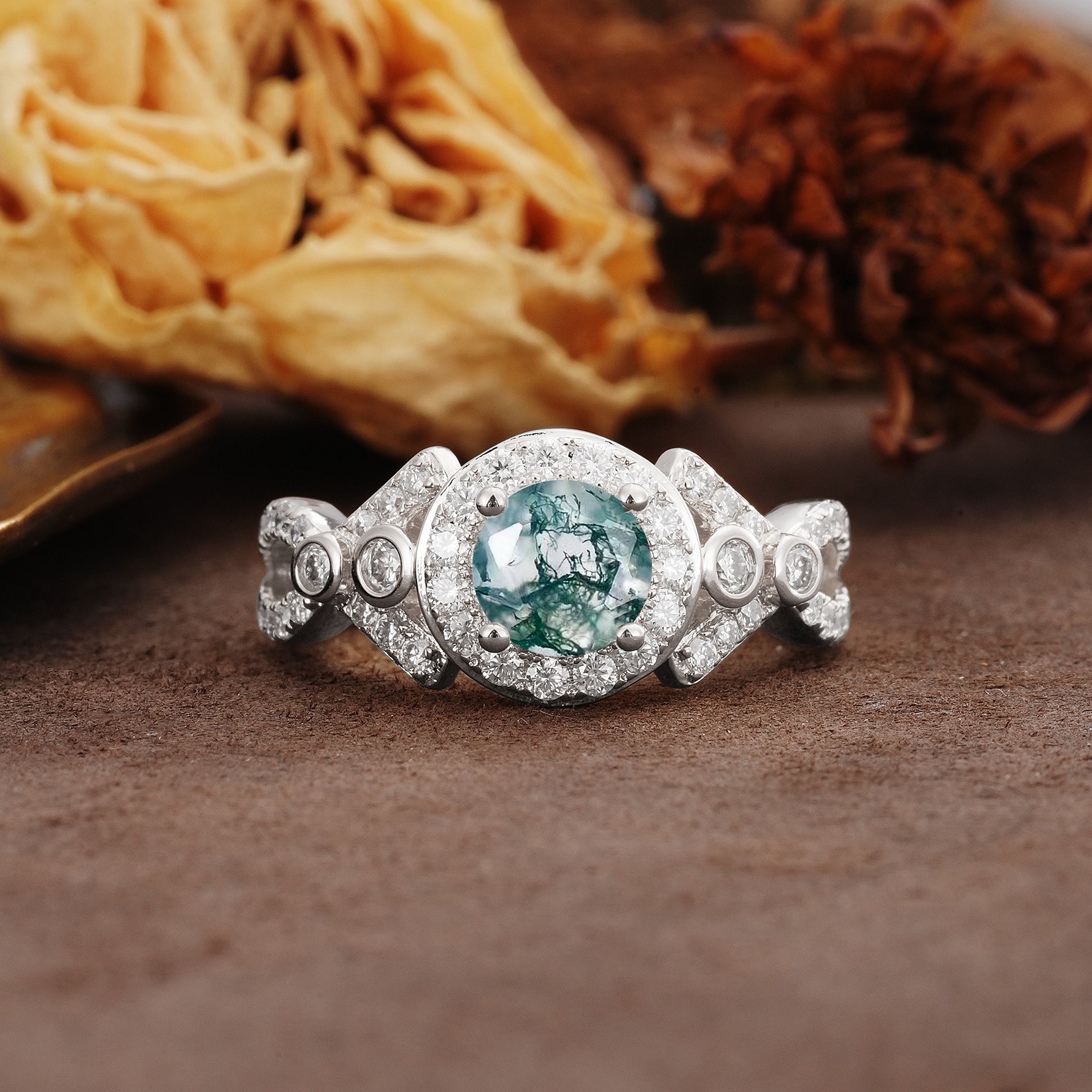 Unique, Luxurious, and Vintage 4-Prong Round Cut Moss Agate Engagement Ring - Additional view