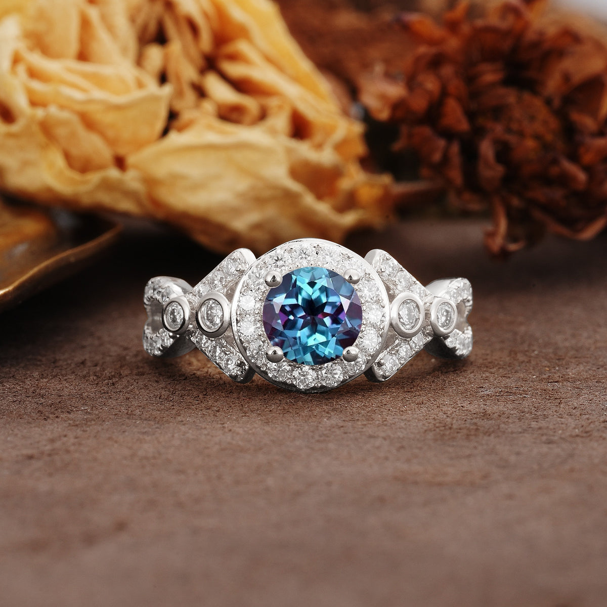 Unique, Luxurious, and Vintage 4-Prong Round Cut Alexandrite Engagement Ring - Additional view