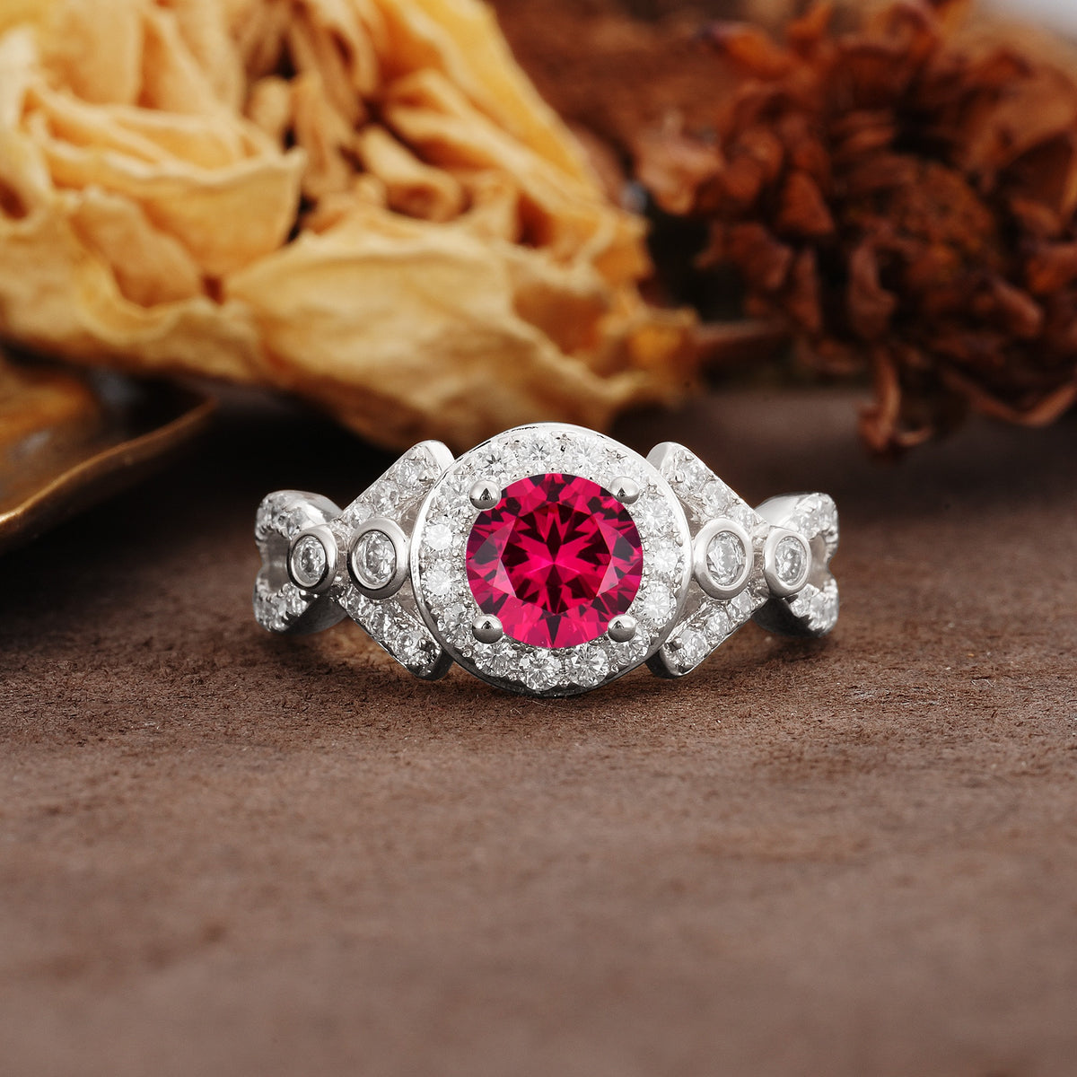 Unique, Luxurious, and Vintage 4-Prong Round Cut Ruby Engagement Ring - Additional view