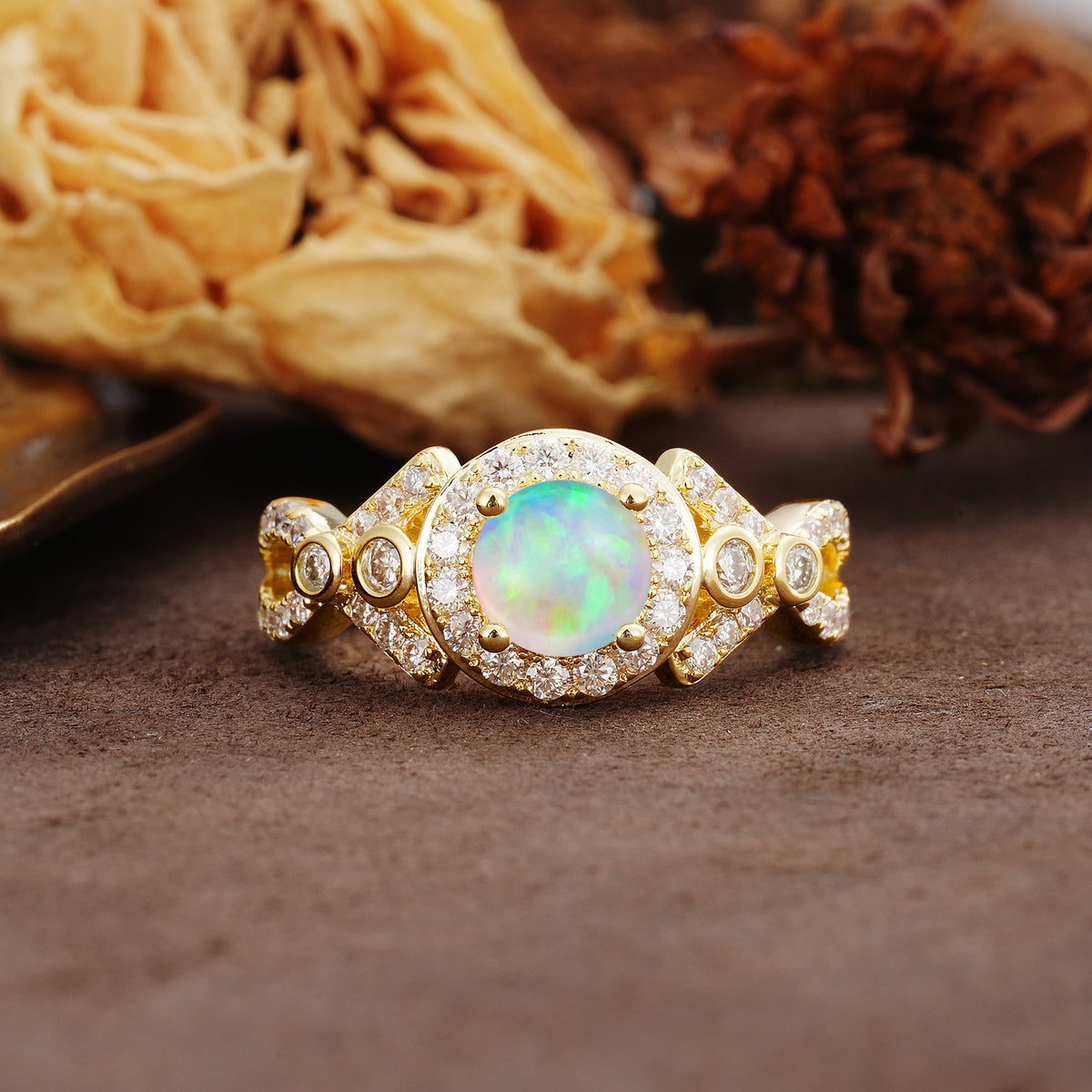 Unique, Luxurious, and Vintage 4-Prong Round Cut Fire Opal Engagement Ring - Additional view