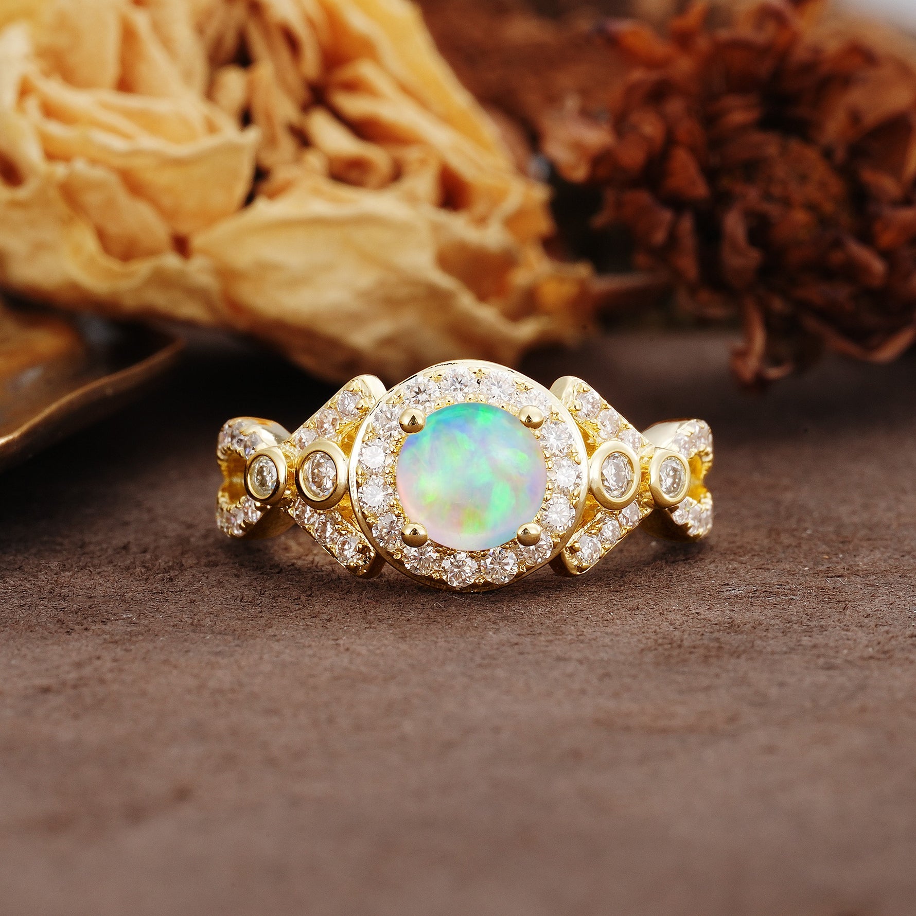 Unique, Luxurious, and Vintage 4-Prong Round Cut Fire Opal Engagement Ring - Additional view