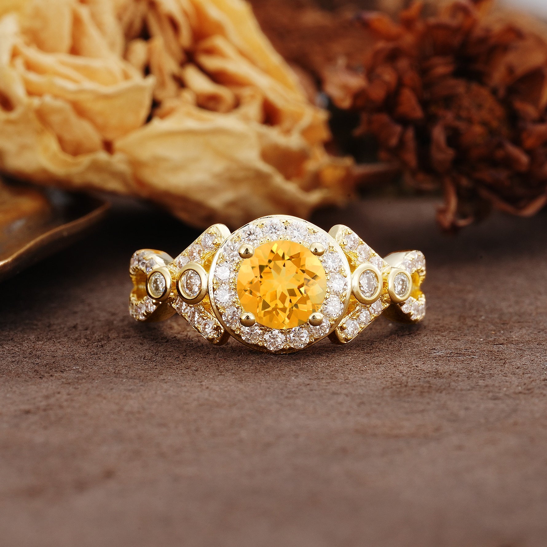 Unique, Luxurious, and Vintage 4-Prong Round Cut Citrine Engagement Ring - Additional view