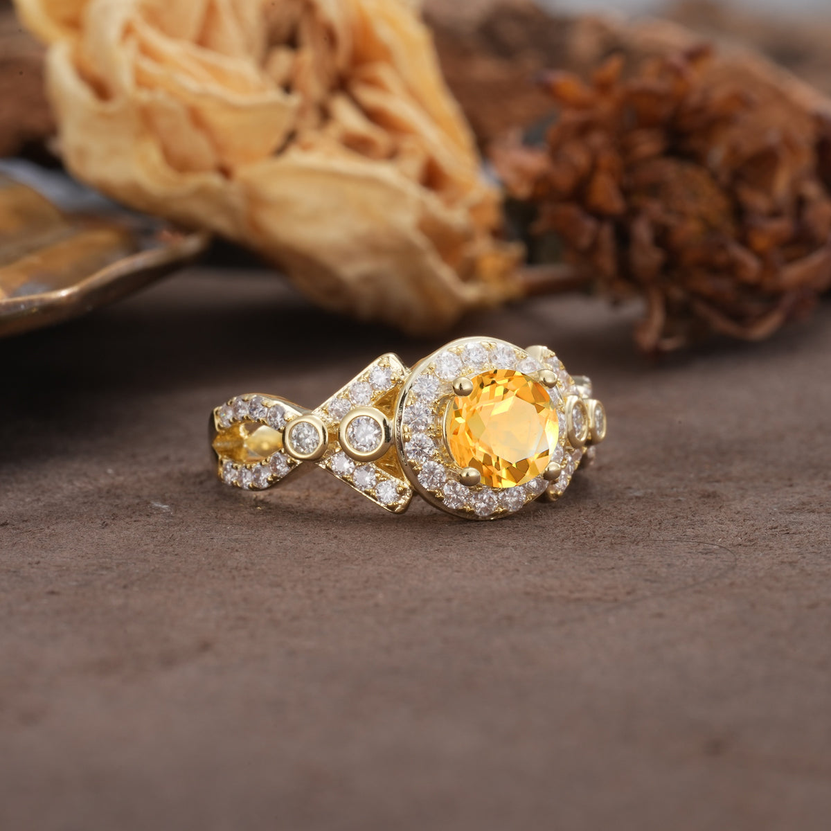 Unique, Luxurious, and Vintage 4-Prong Round Cut Citrine Engagement Ring - Additional view