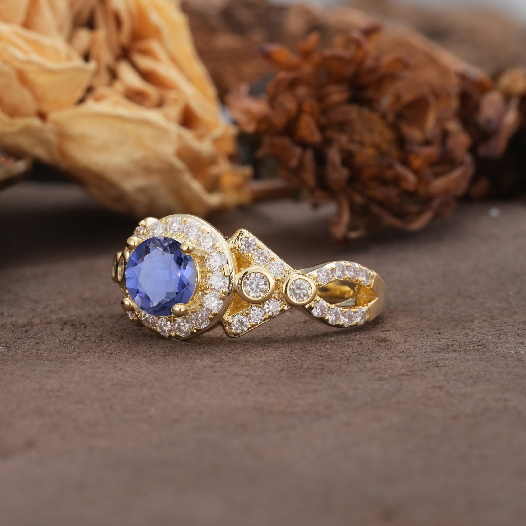 Unique, Luxurious, and Vintage 4-Prong Round Cut Tanzanite Engagement Ring - Additional view