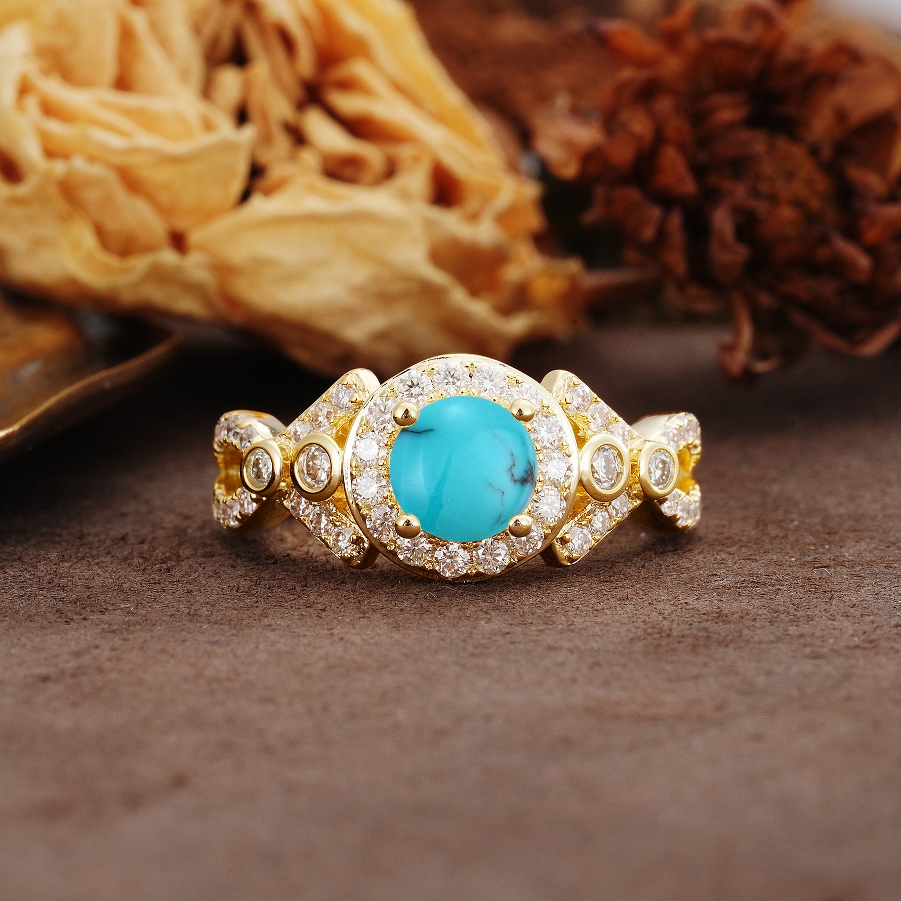 Unique, Luxurious, and Vintage 4-Prong Round Cut Turquoise Engagement Ring - Additional view