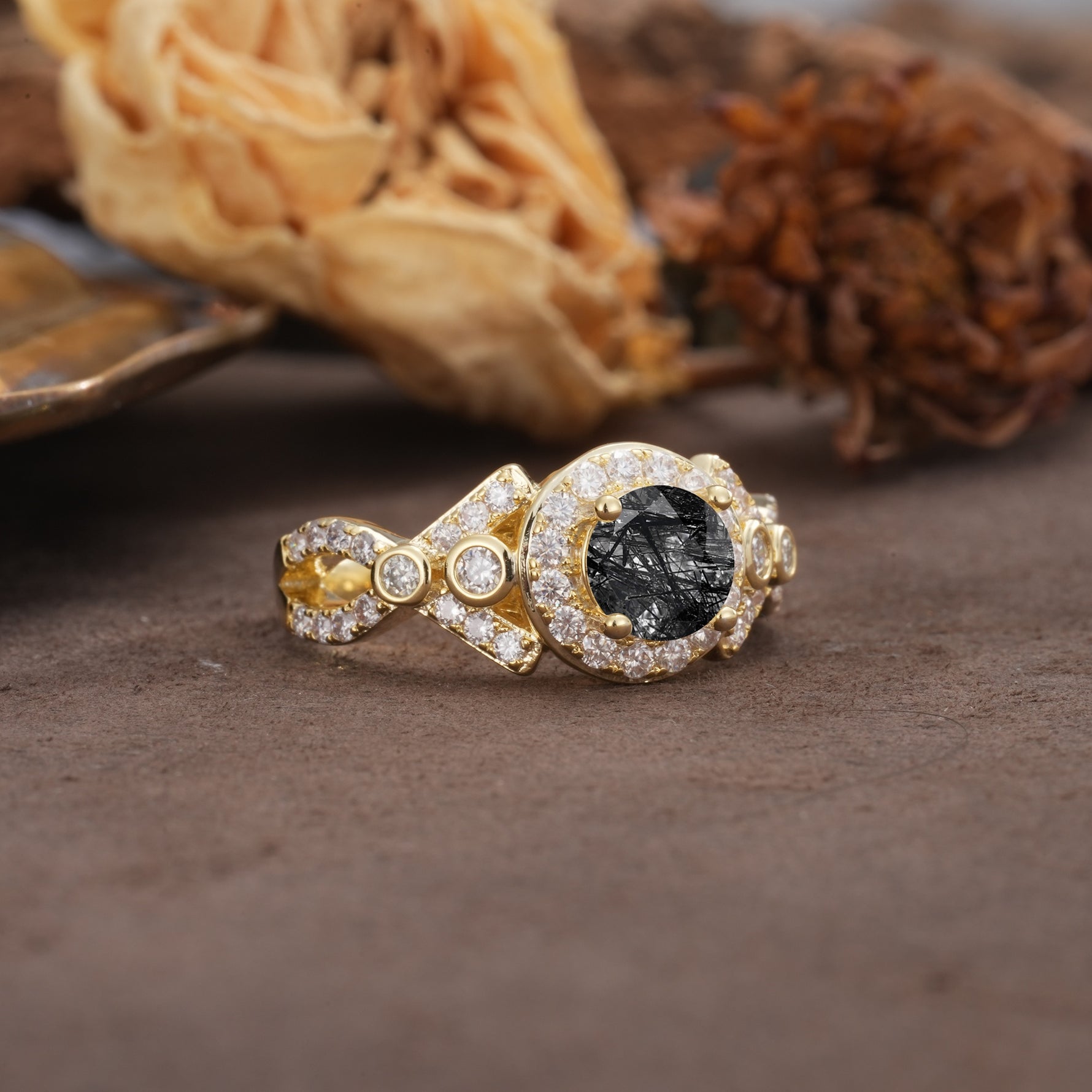 Unique, Luxurious, and Vintage 4-Prong Round Cut Black Rutilated Quartz Engagement Ring - Additional view