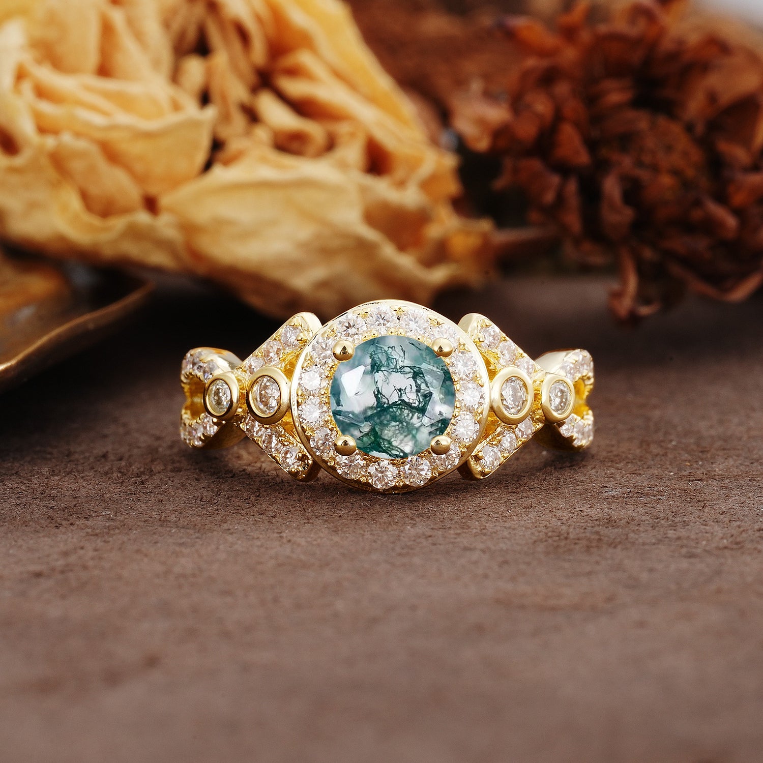 Unique, Luxurious, and Vintage 4-Prong Round Cut Moss Agate Engagement Ring - Additional view