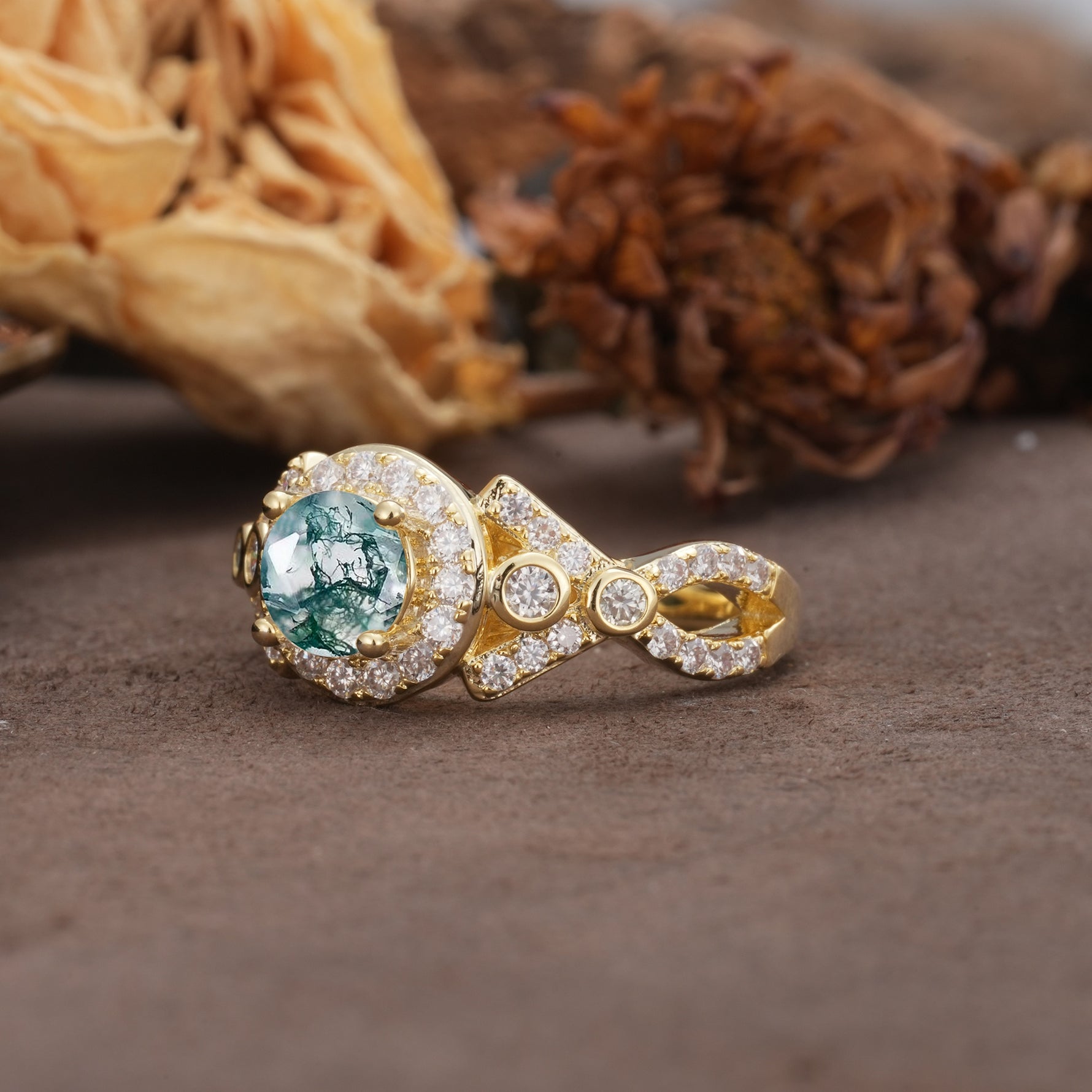 Unique, Luxurious, and Vintage 4-Prong Round Cut Moss Agate Engagement Ring - Additional view