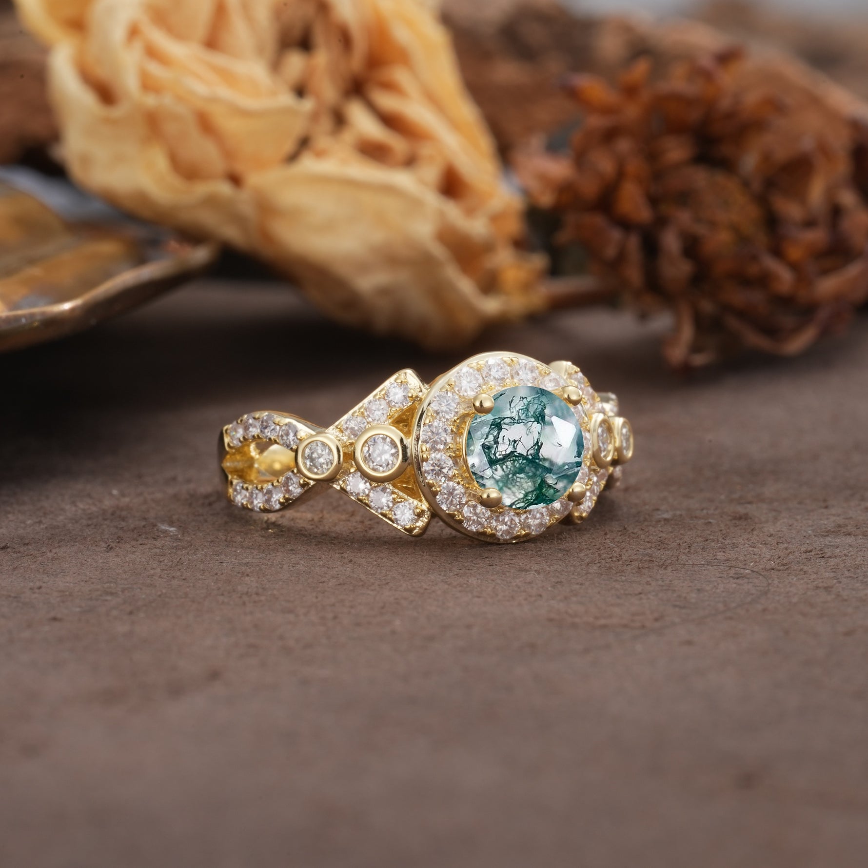 Unique, Luxurious, and Vintage 4-Prong Round Cut Moss Agate Engagement Ring - Additional view