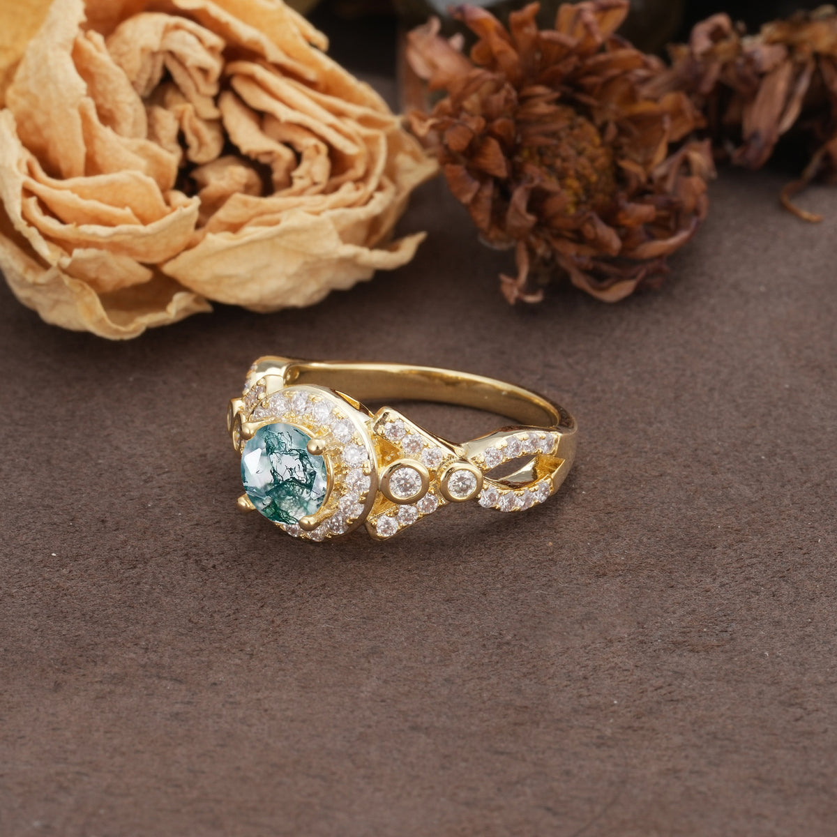 Unique, Luxurious, and Vintage 4-Prong Round Cut Moss Agate Engagement Ring - Additional view