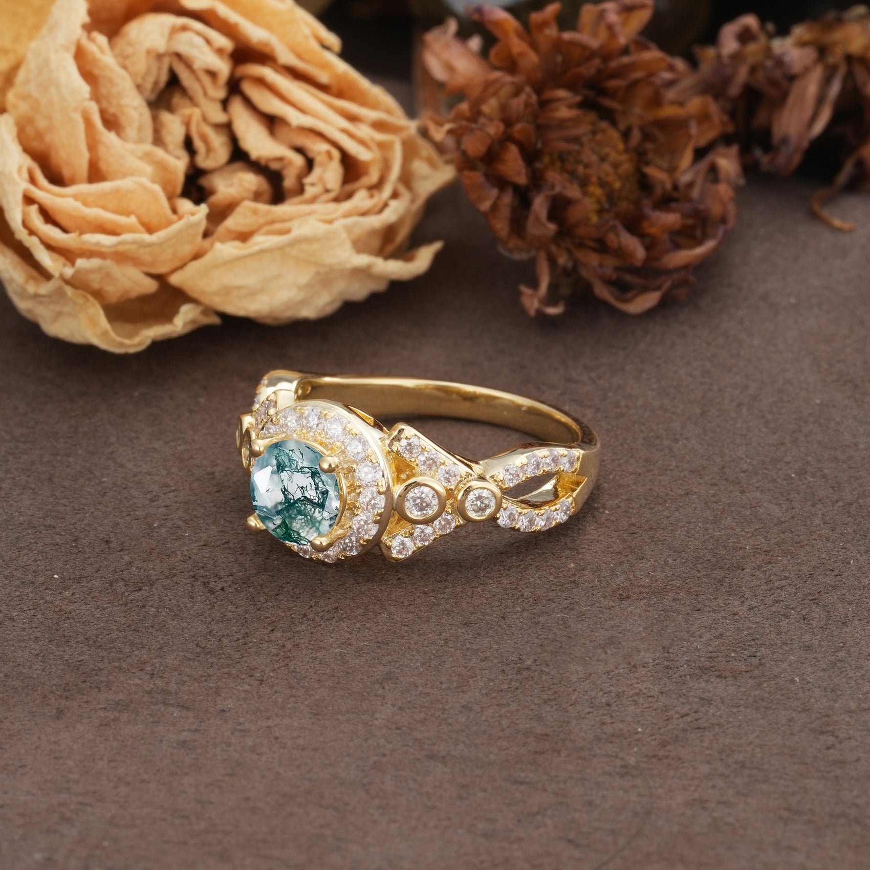 Unique, Luxurious, and Vintage 4-Prong Round Cut Moss Agate Engagement Ring - Additional view