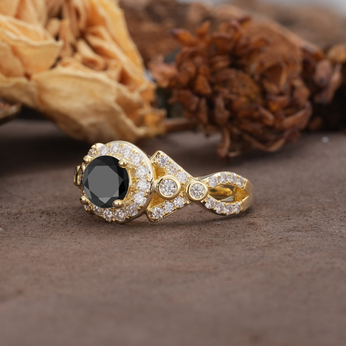 Unique, Luxurious, and Vintage 4-Prong Round Cut Black Onyx Engagement Ring - Additional view