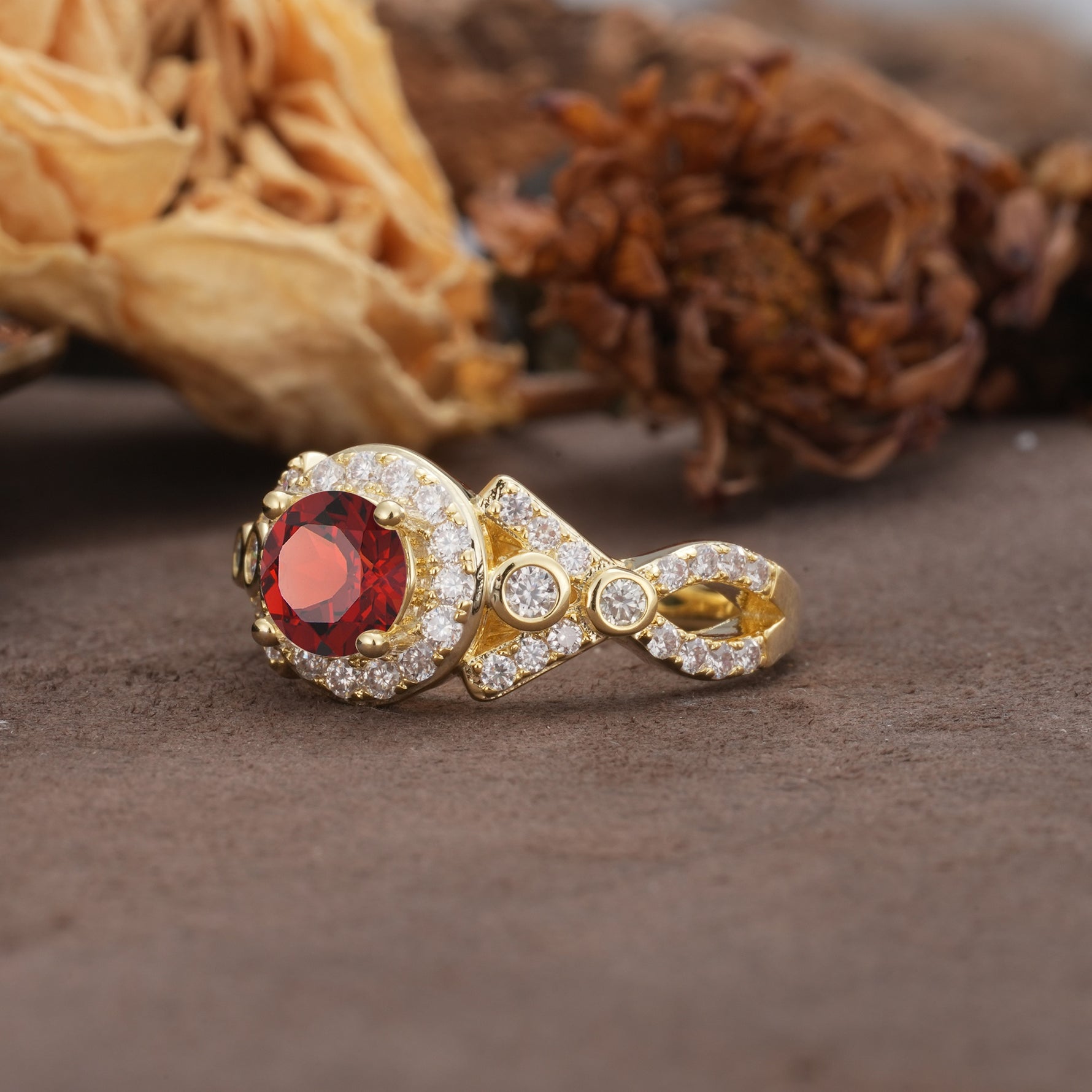 Unique, Luxurious, and Vintage 4-Prong Round Cut Garnet Engagement Ring - Additional view