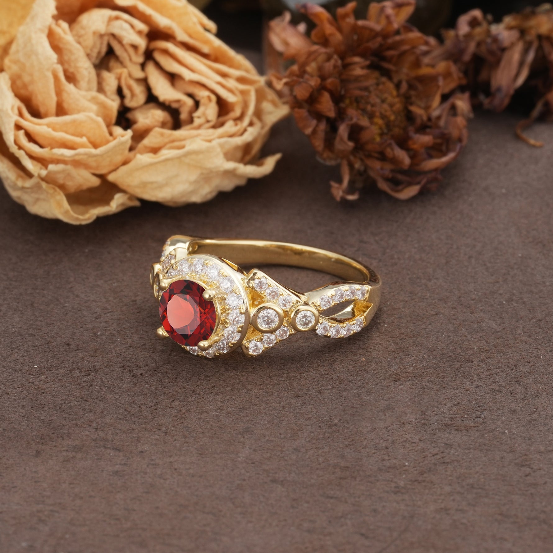 Unique, Luxurious, and Vintage 4-Prong Round Cut Garnet Engagement Ring - Additional view
