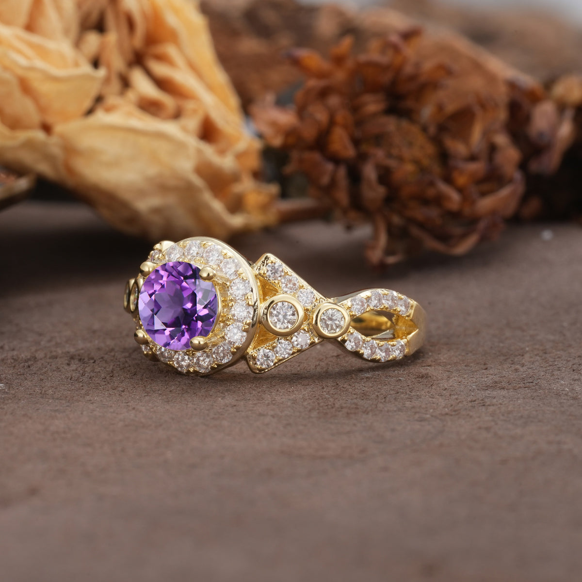 Unique, Luxurious, and Vintage 4-Prong Round Cut Amethyst Engagement Ring - Additional view