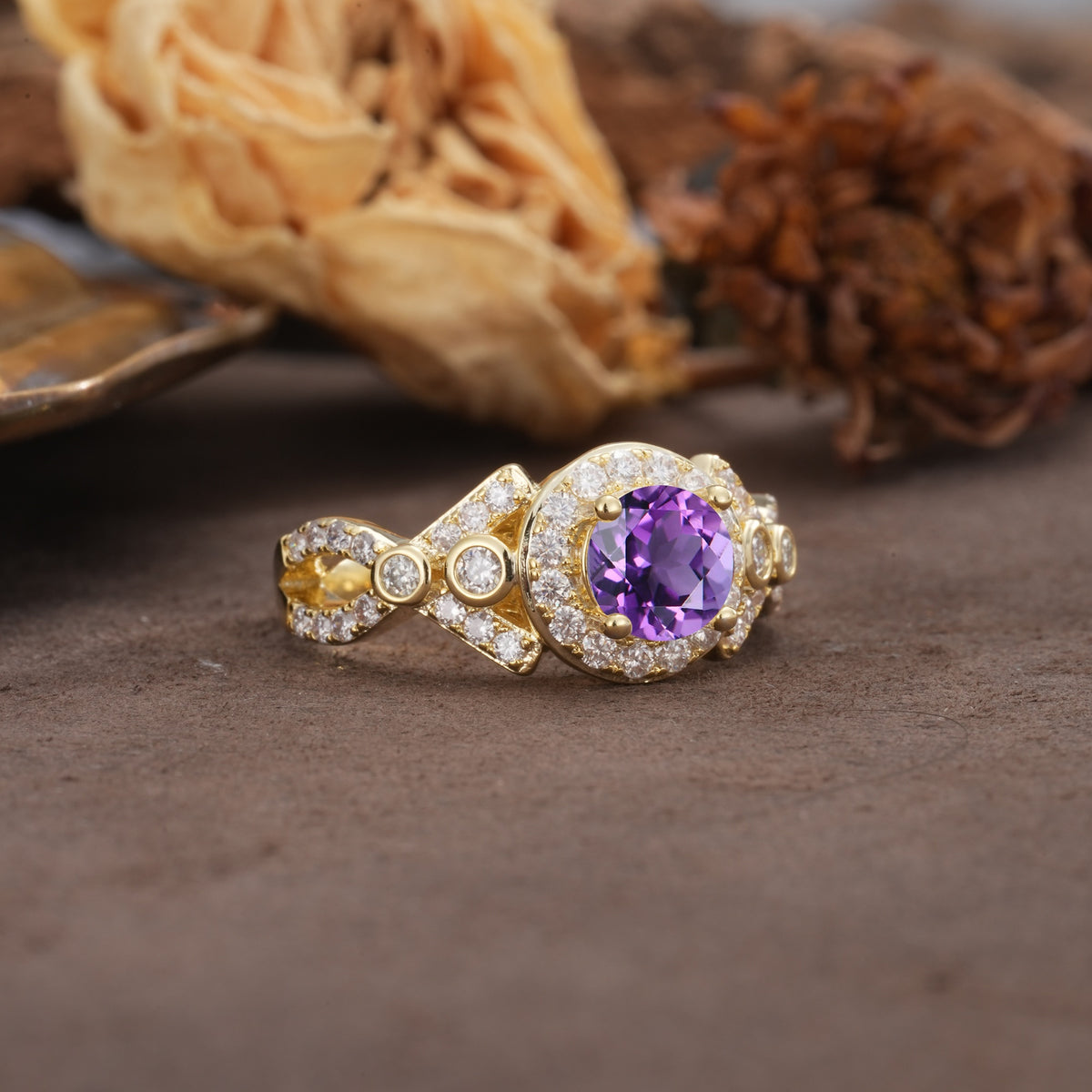 Unique, Luxurious, and Vintage 4-Prong Round Cut Amethyst Engagement Ring - Additional view