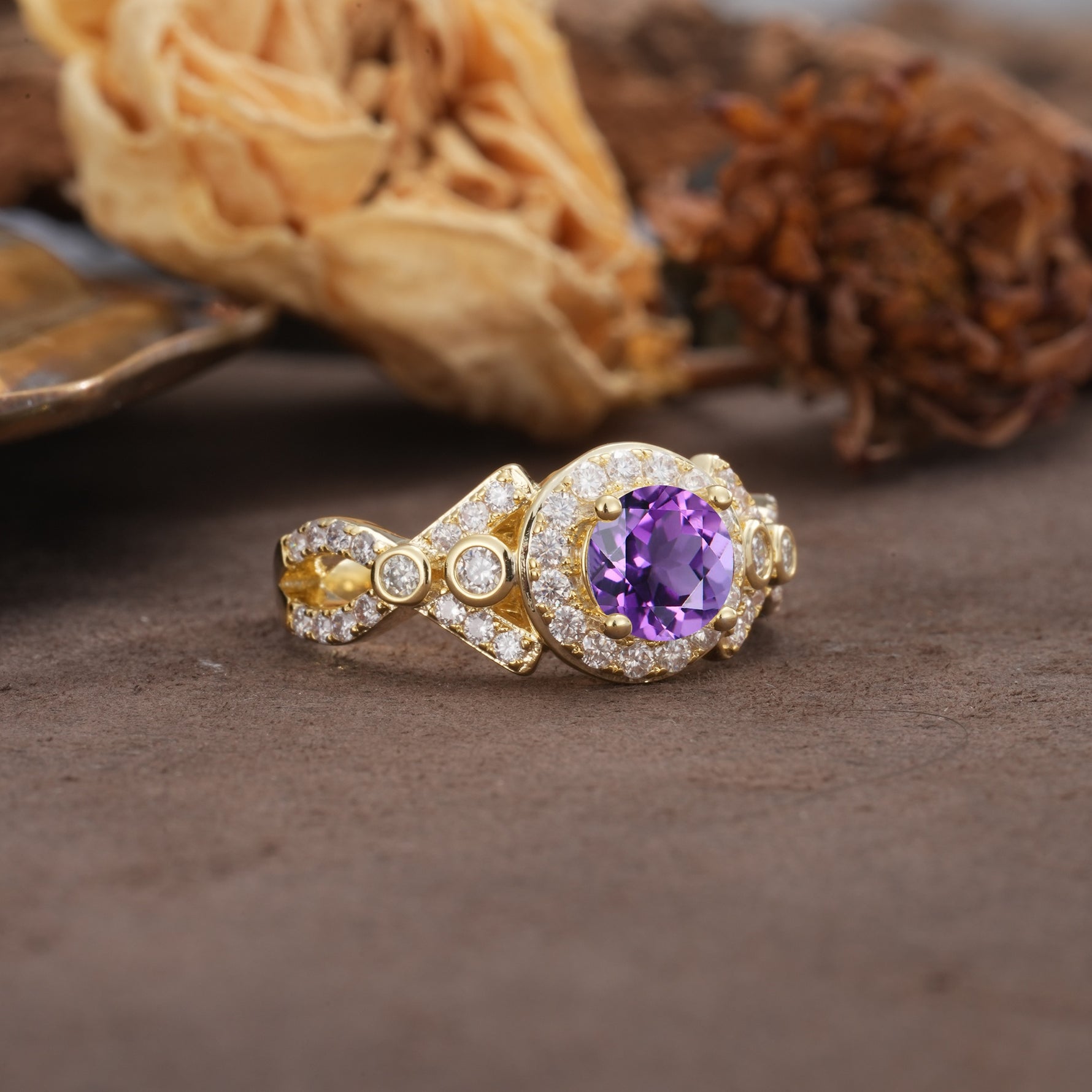 Unique, Luxurious, and Vintage 4-Prong Round Cut Amethyst Engagement Ring - Additional view