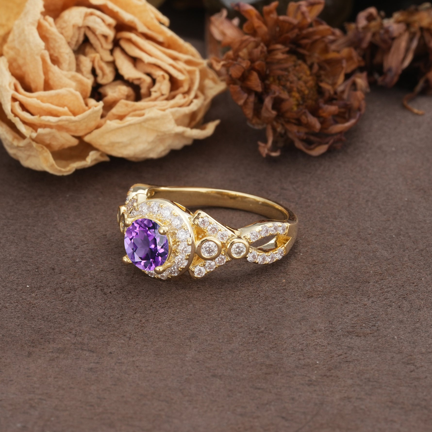 Unique, Luxurious, and Vintage 4-Prong Round Cut Amethyst Engagement Ring - Additional view