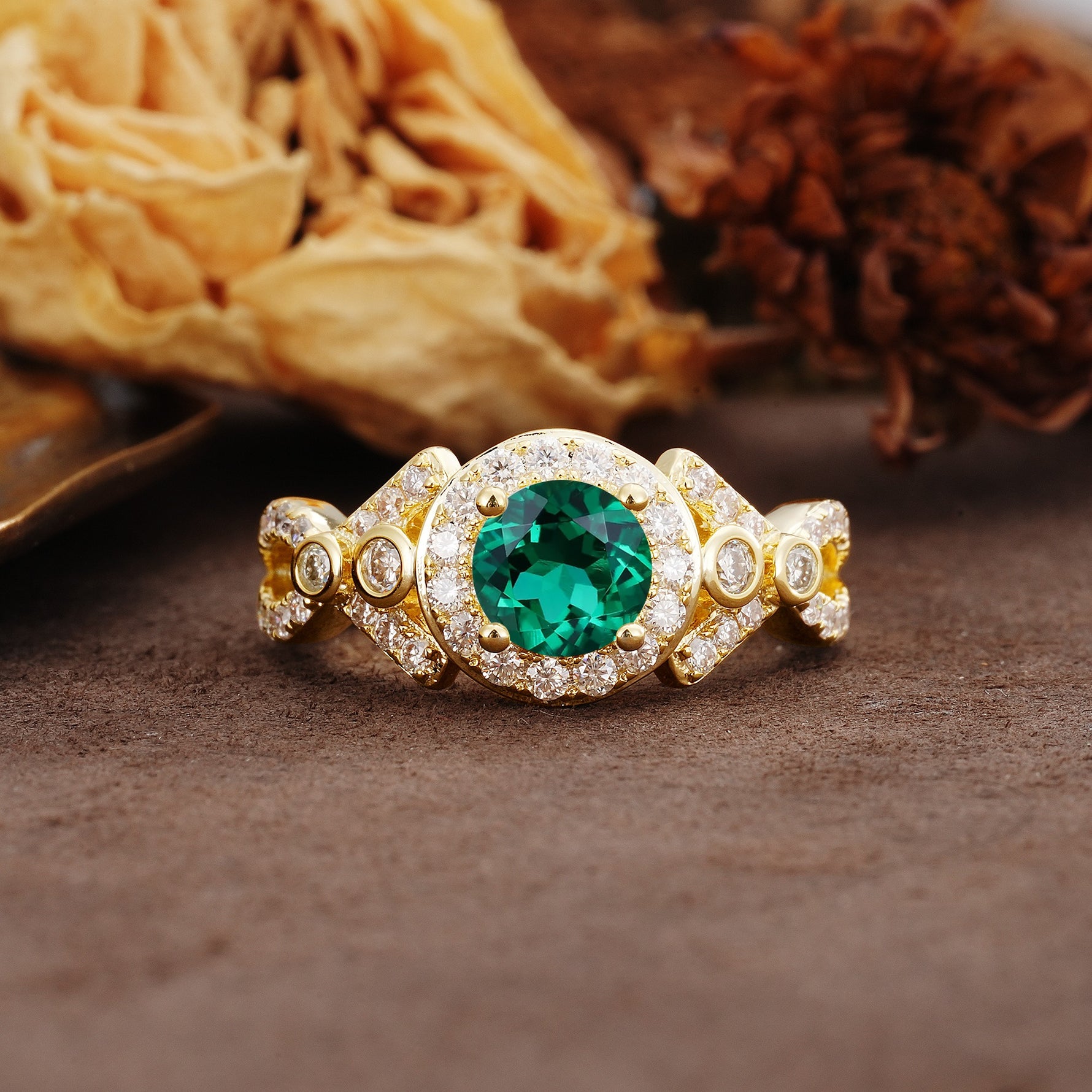 Unique, Luxurious, and Vintage 4-Prong Round Cut Emerald Engagement Ring - Additional view