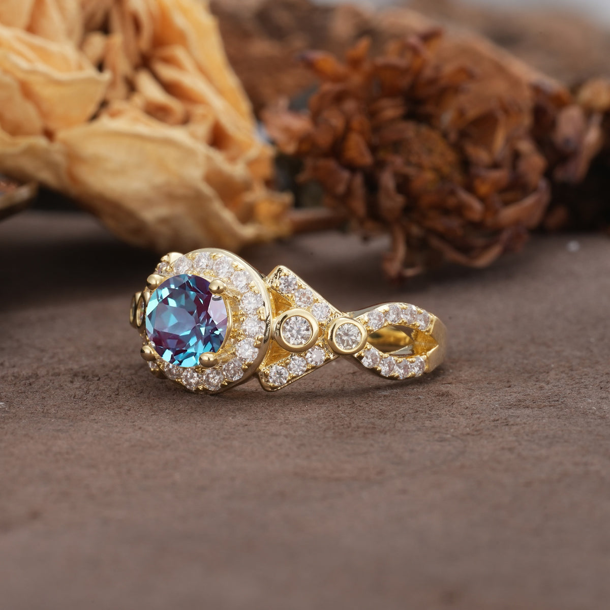 Unique, Luxurious, and Vintage 4-Prong Round Cut Alexandrite Engagement Ring - Additional view