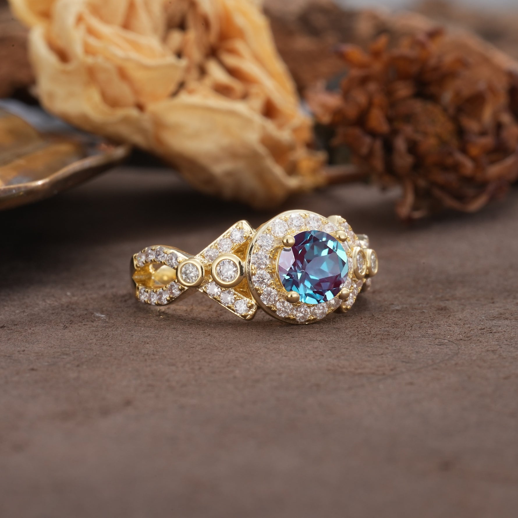 Unique, Luxurious, and Vintage 4-Prong Round Cut Alexandrite Engagement Ring - Additional view