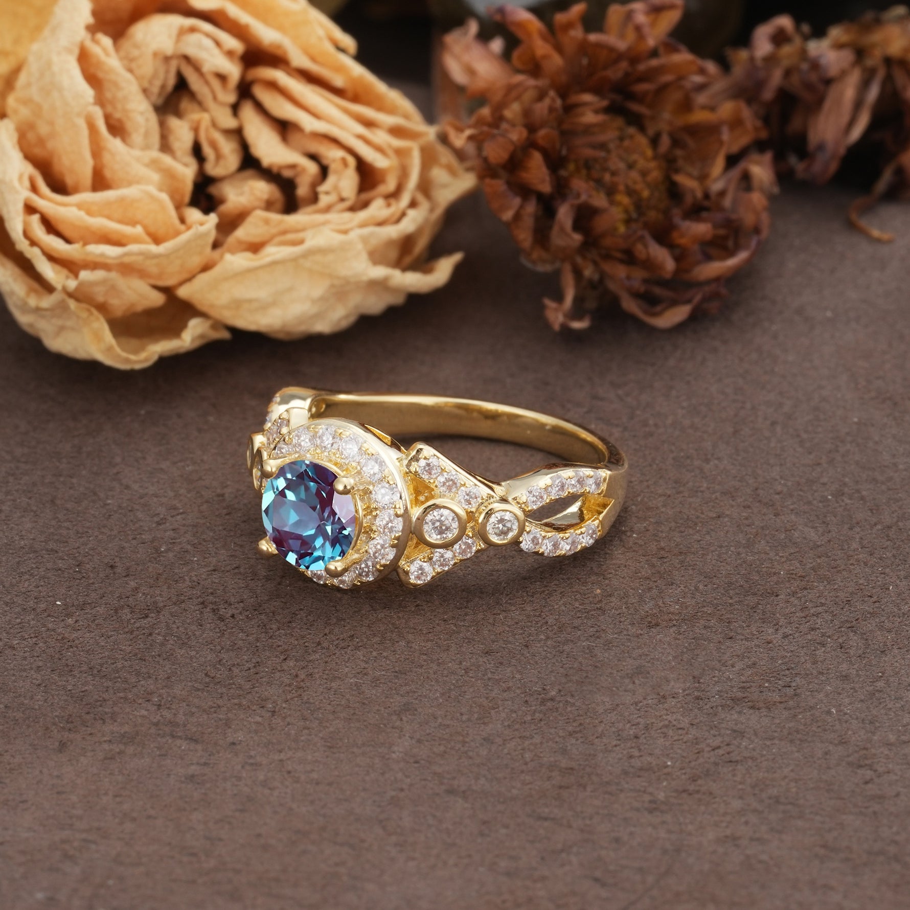 Unique, Luxurious, and Vintage 4-Prong Round Cut Alexandrite Engagement Ring - Additional view
