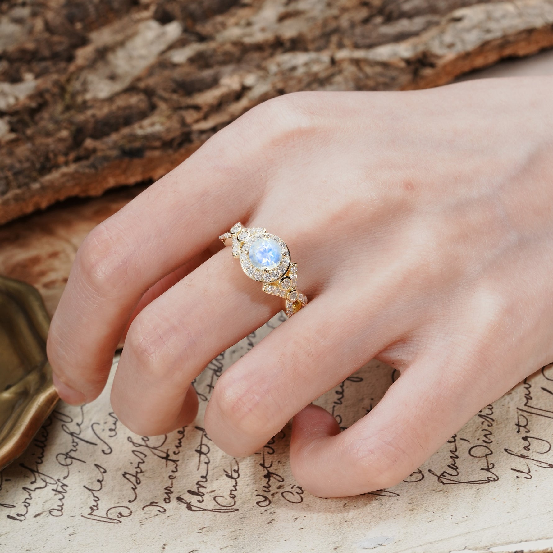 Unique, Luxurious, and Vintage 4-Prong Round Cut Moonstone Engagement Ring - Additional view
