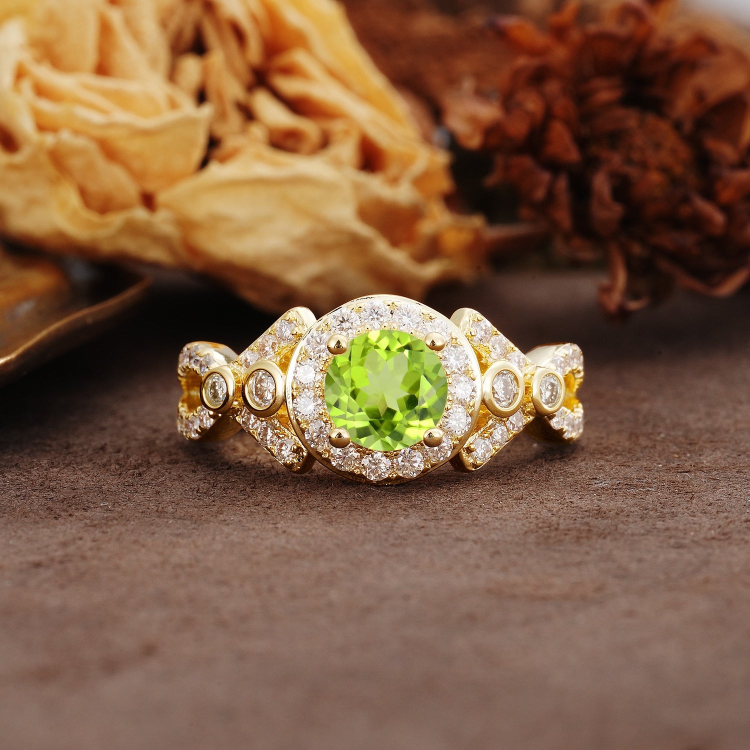 Unique, Luxurious, and Vintage 4-Prong Round Cut Peridot Engagement Ring - Additional view