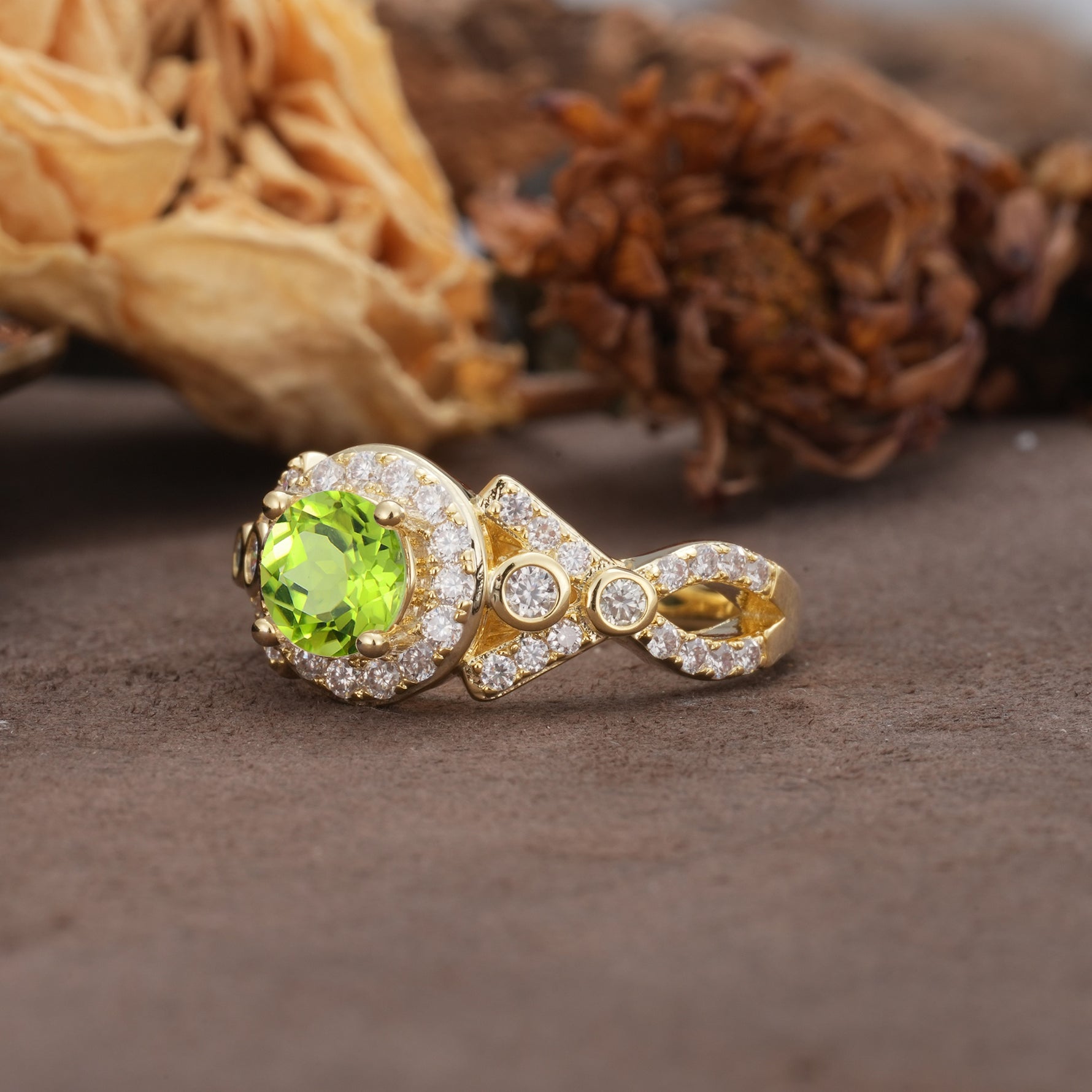 Unique, Luxurious, and Vintage 4-Prong Round Cut Peridot Engagement Ring - Additional view