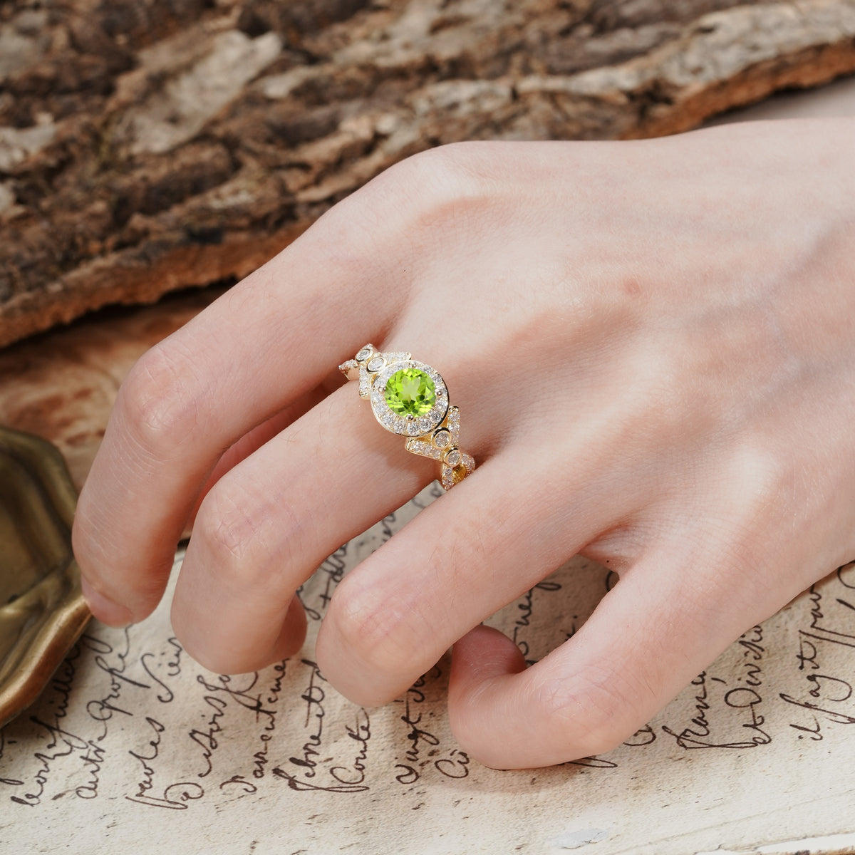 Unique, Luxurious, and Vintage 4-Prong Round Cut Peridot Engagement Ring - Additional view