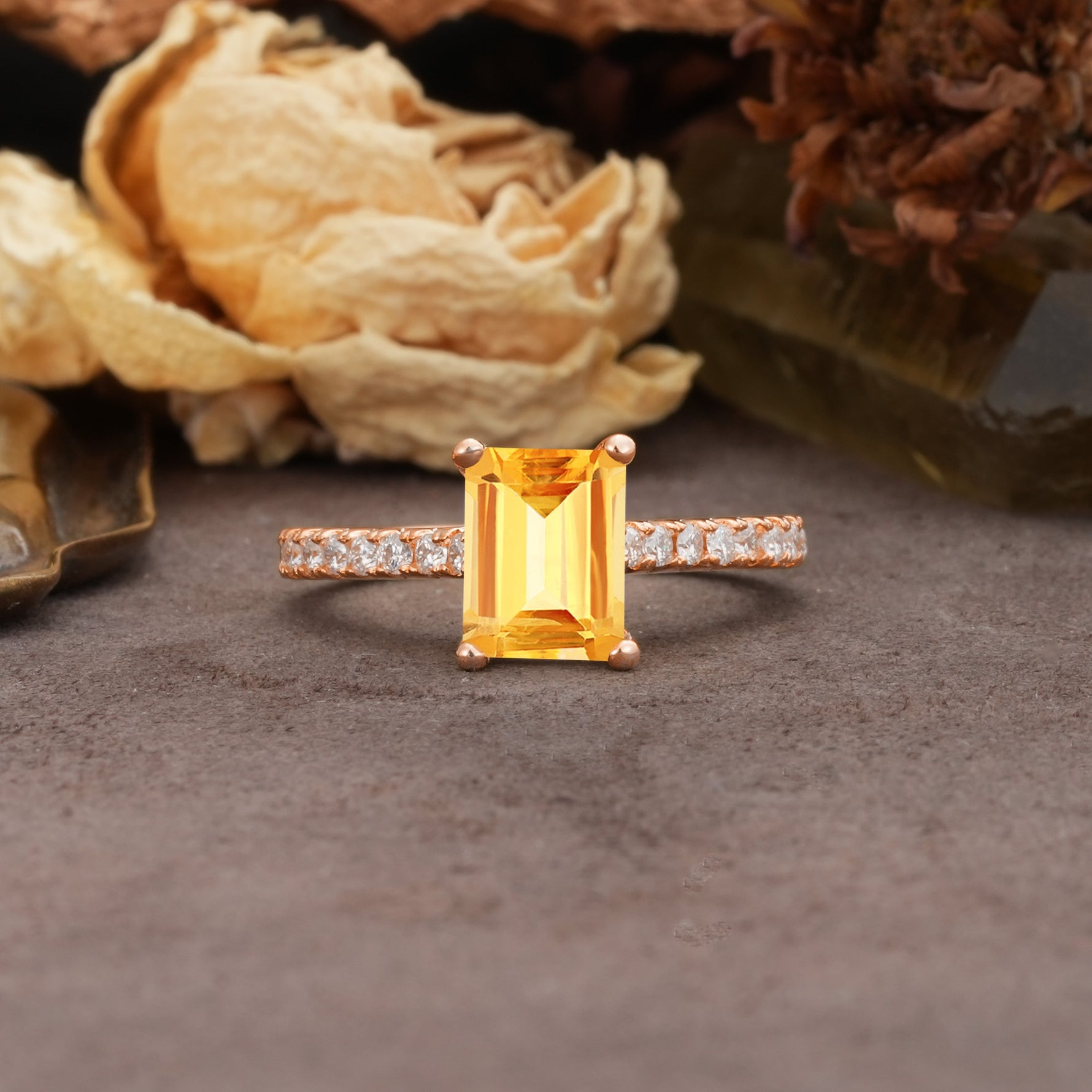 Unique, Minimalist 4-Prong Emerald Cut Citrine Engagement Ring - Additional view