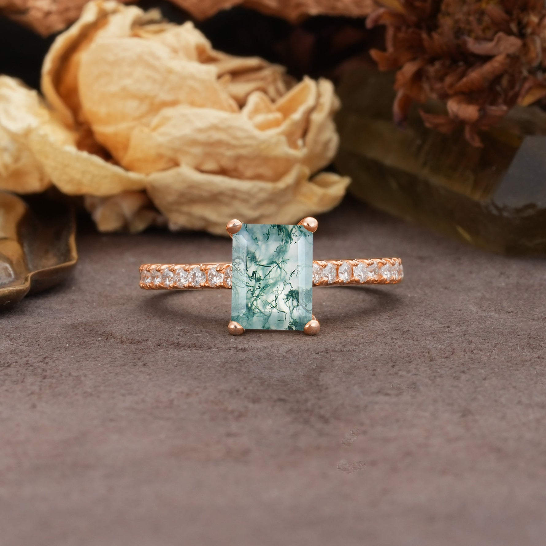 Unique, Minimalist 4-Prong Emerald Cut Moss Agate Engagement Ring - Additional view